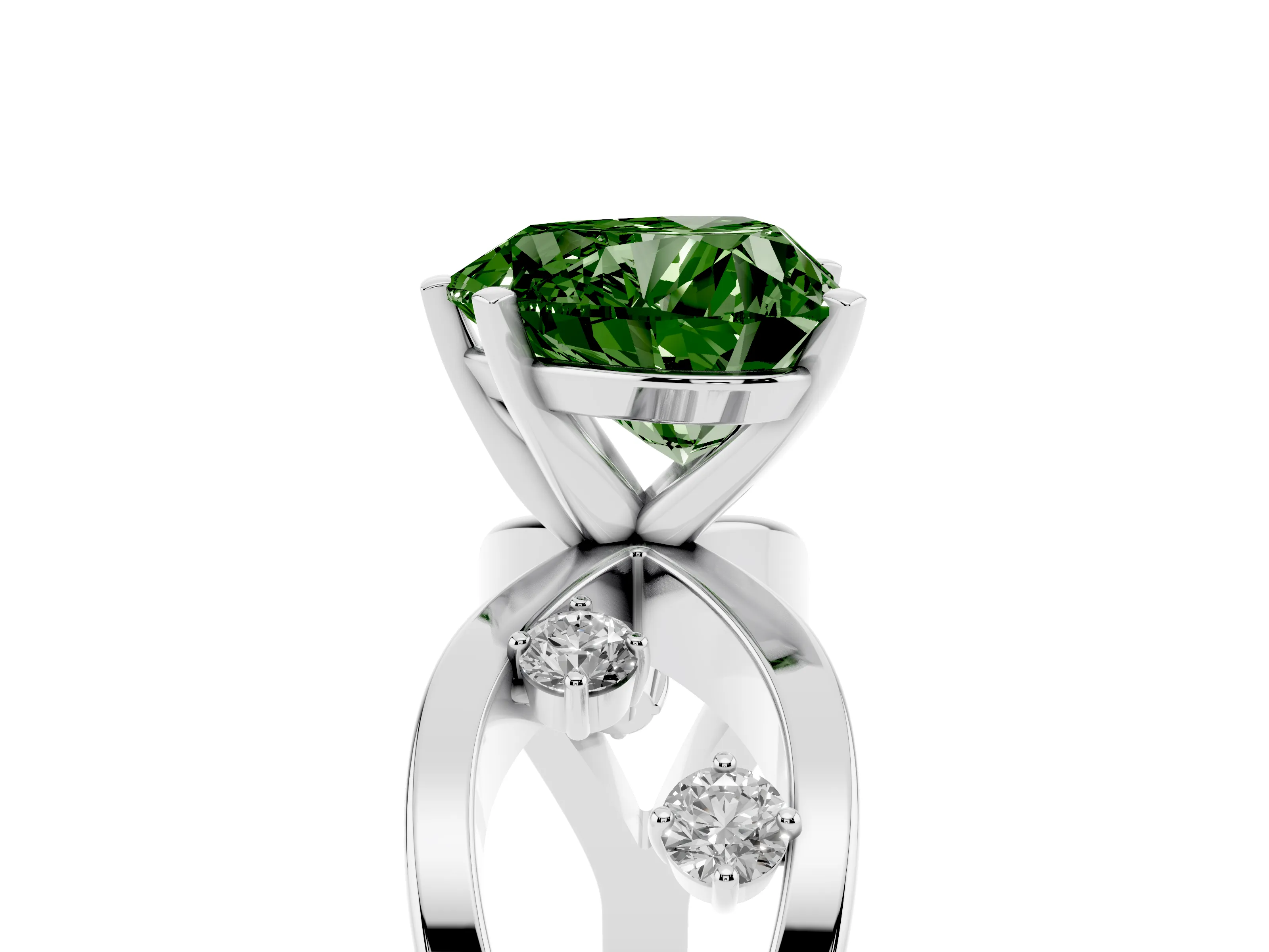 Fancy Green Heart Cut Diamond Solitaire Ring Set in Silver with Side Stones on Criss-Cross Band and Prong Setting