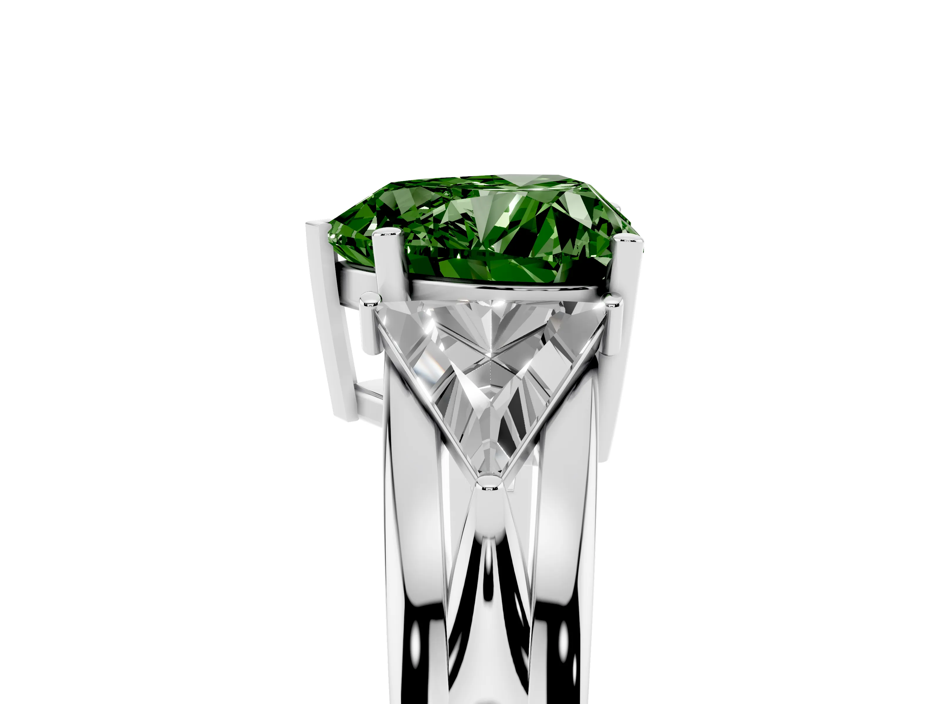 Fancy Green Heart Cut Diamond Three-Stone Ring Set in Platinum with Trillion Side Stones and Split Shank