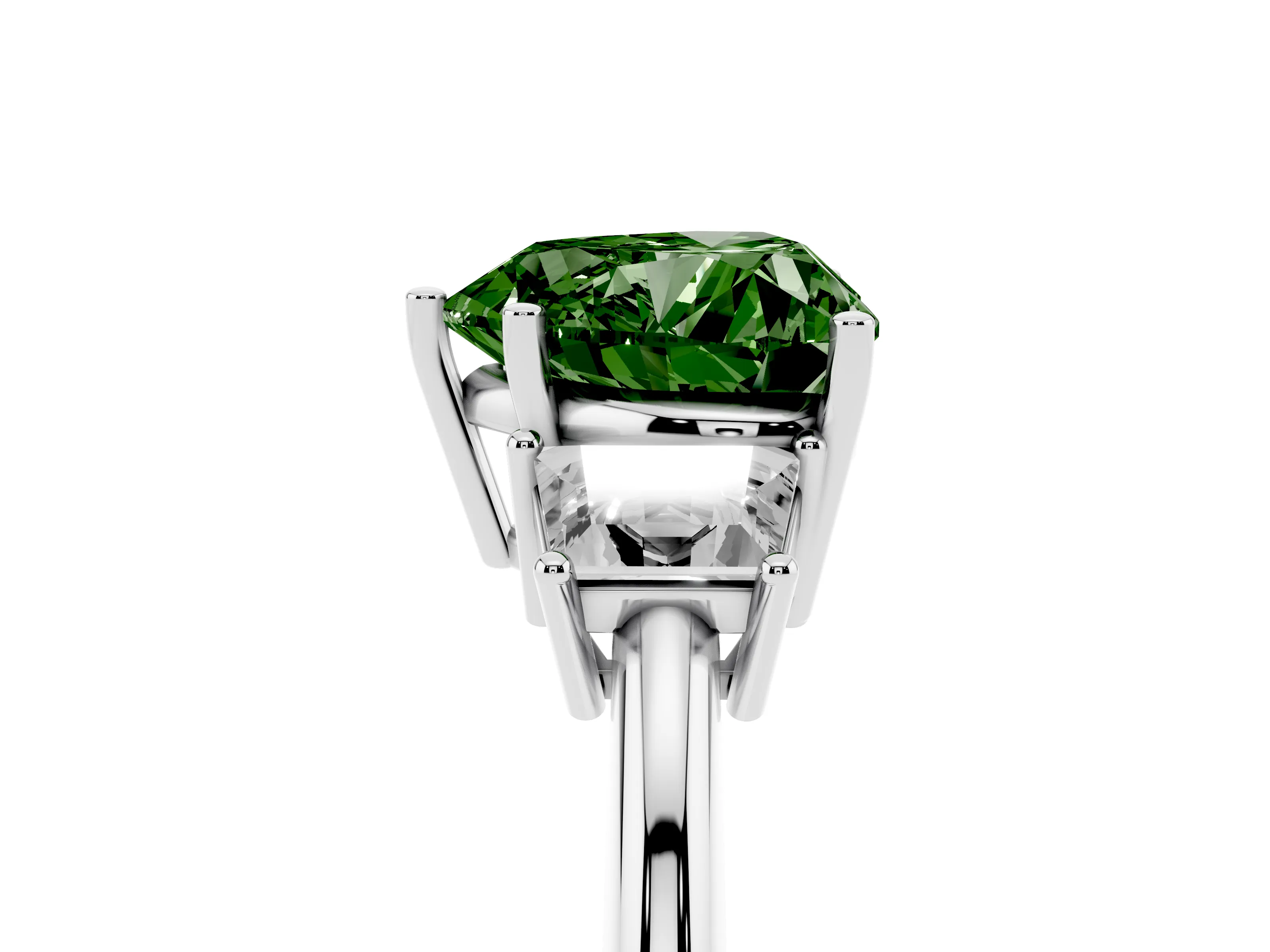 Fancy Green Heart Cut Diamond Three-Stone Ring Set in Silver with Trapezoid Side Stones and Prong Setting