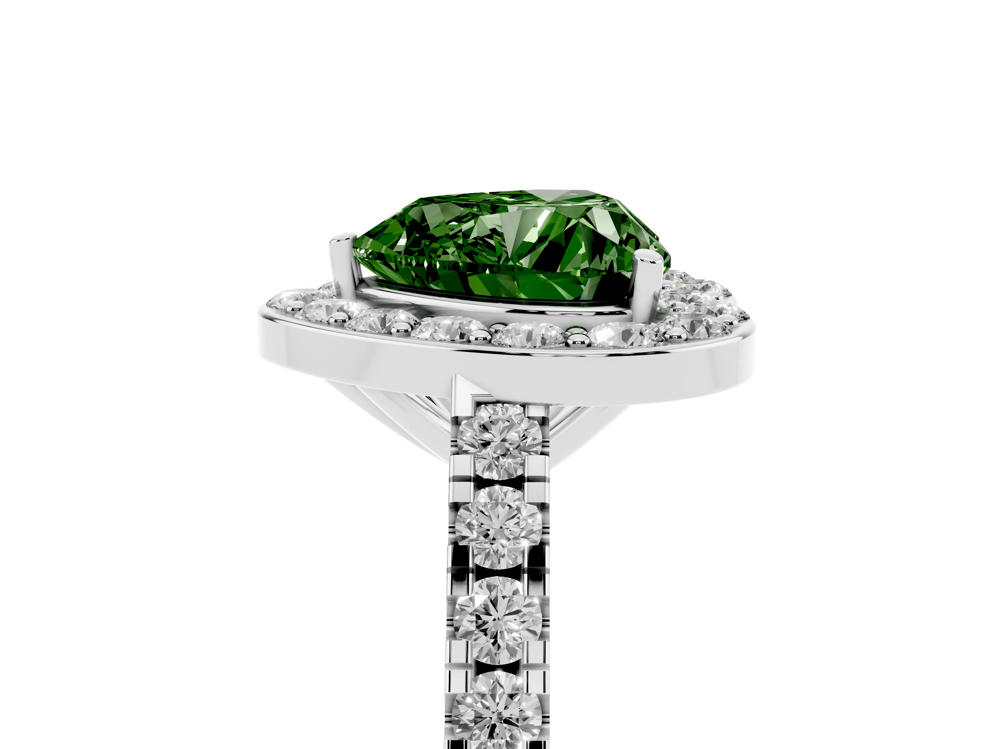 Fancy Green Heart Cut Diamond Halo Ring Set in White gold with Round Pavé Split Shank and Prong Setting