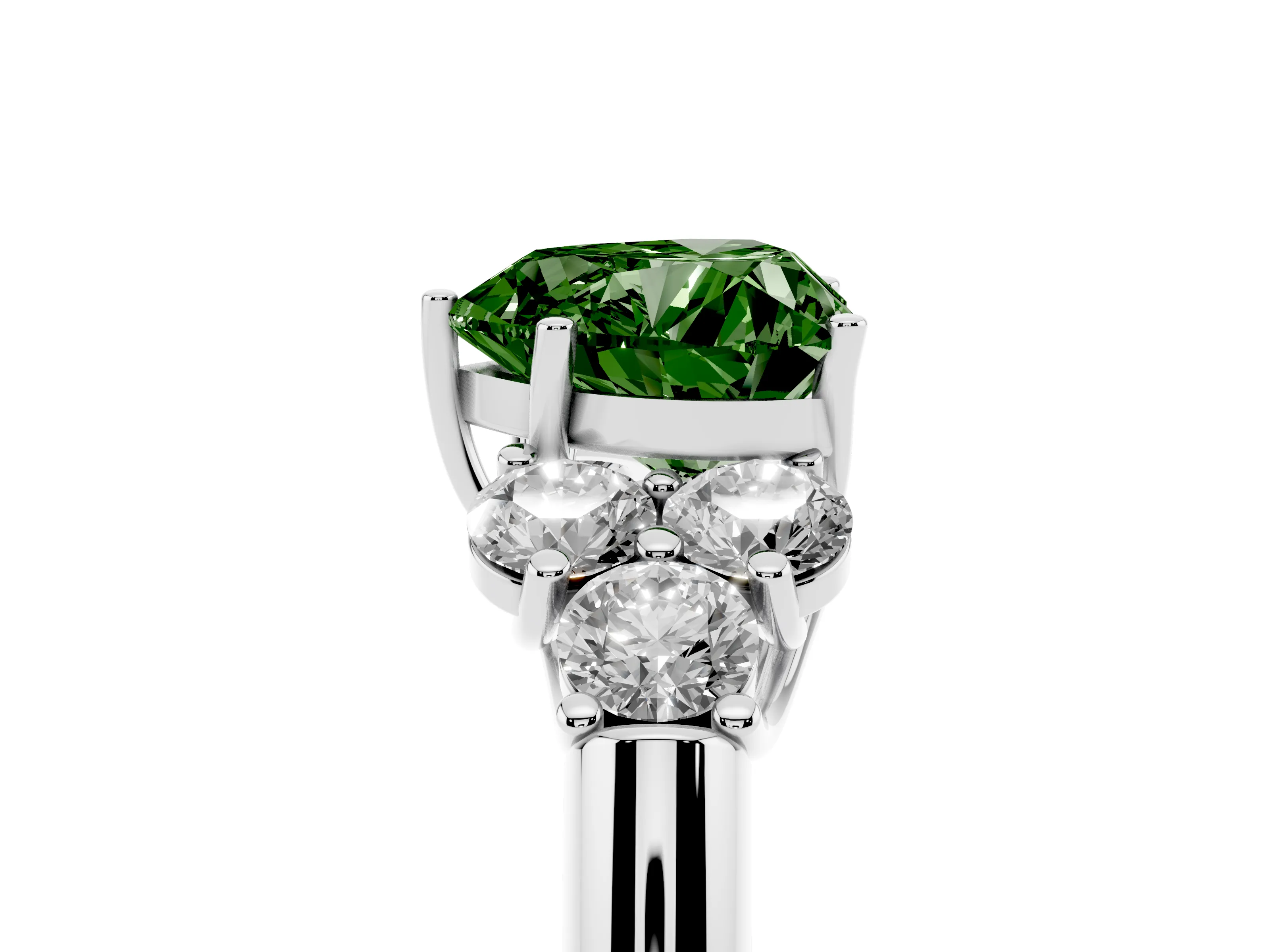 Fancy Green Heart Cut Diamond Cluster Ring Set in Platinum with Round Accent Stones and Prong Setting on a Plain Band