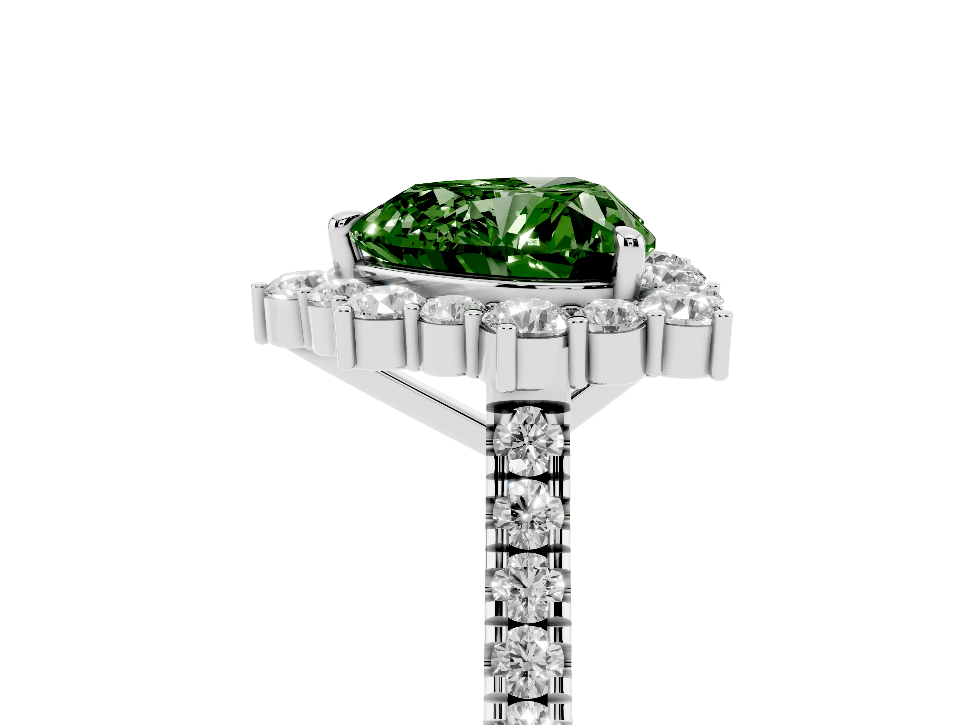 Fancy Green Heart Cut Diamond Halo Ring Set in Silver with Pavé Band and Prong Setting