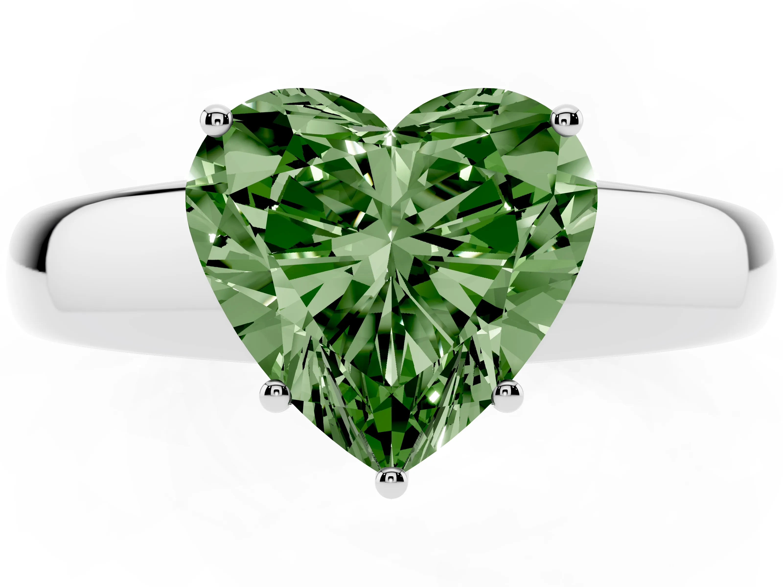 Fancy Green Heart Cut Diamond Solitaire Ring Set in Platinum with Tapered Band and Prong Setting