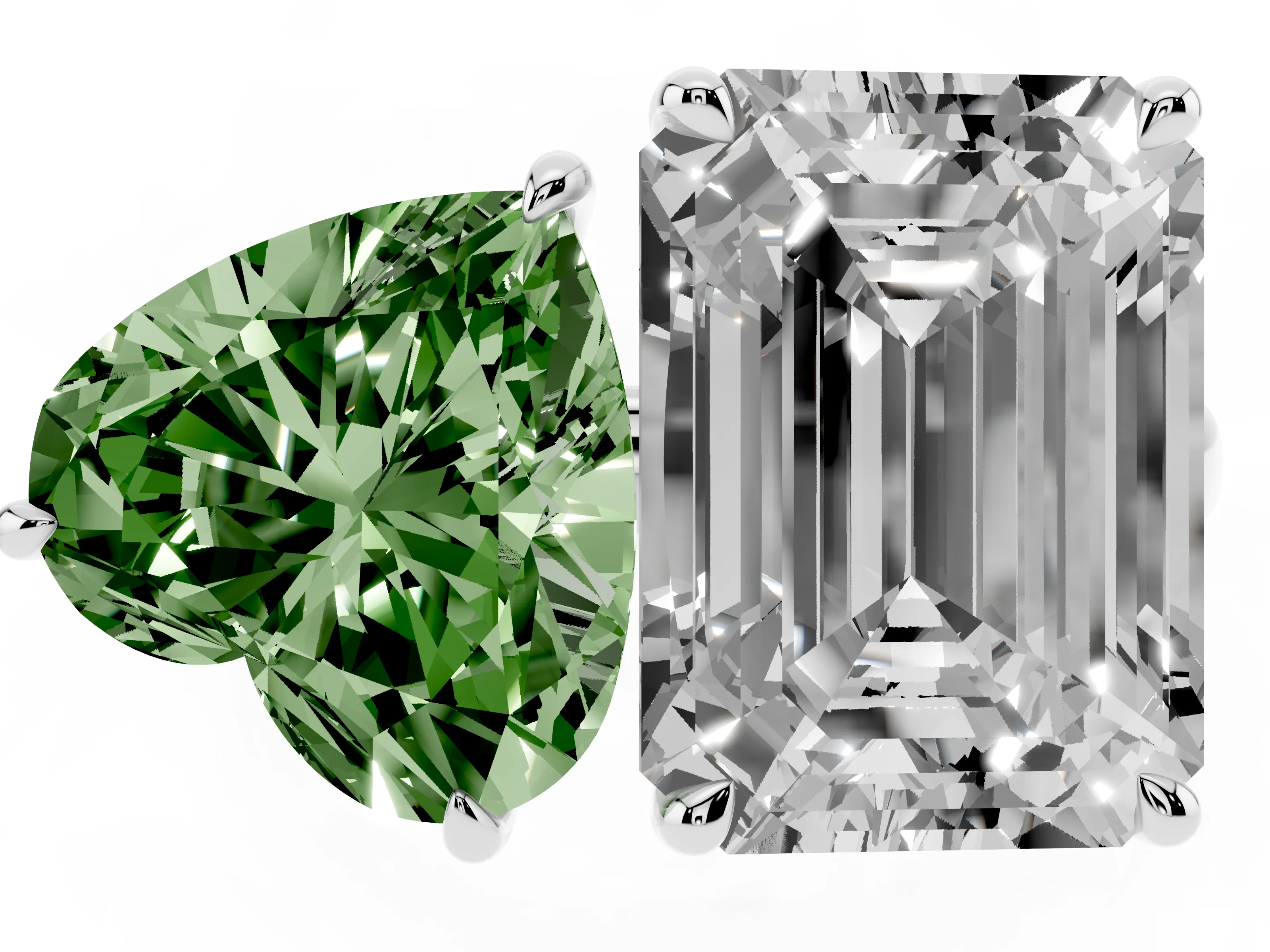 Fancy Green Heart Cut and Emerald Cut Toi Moi Ring Set in White gold with Prong Setting