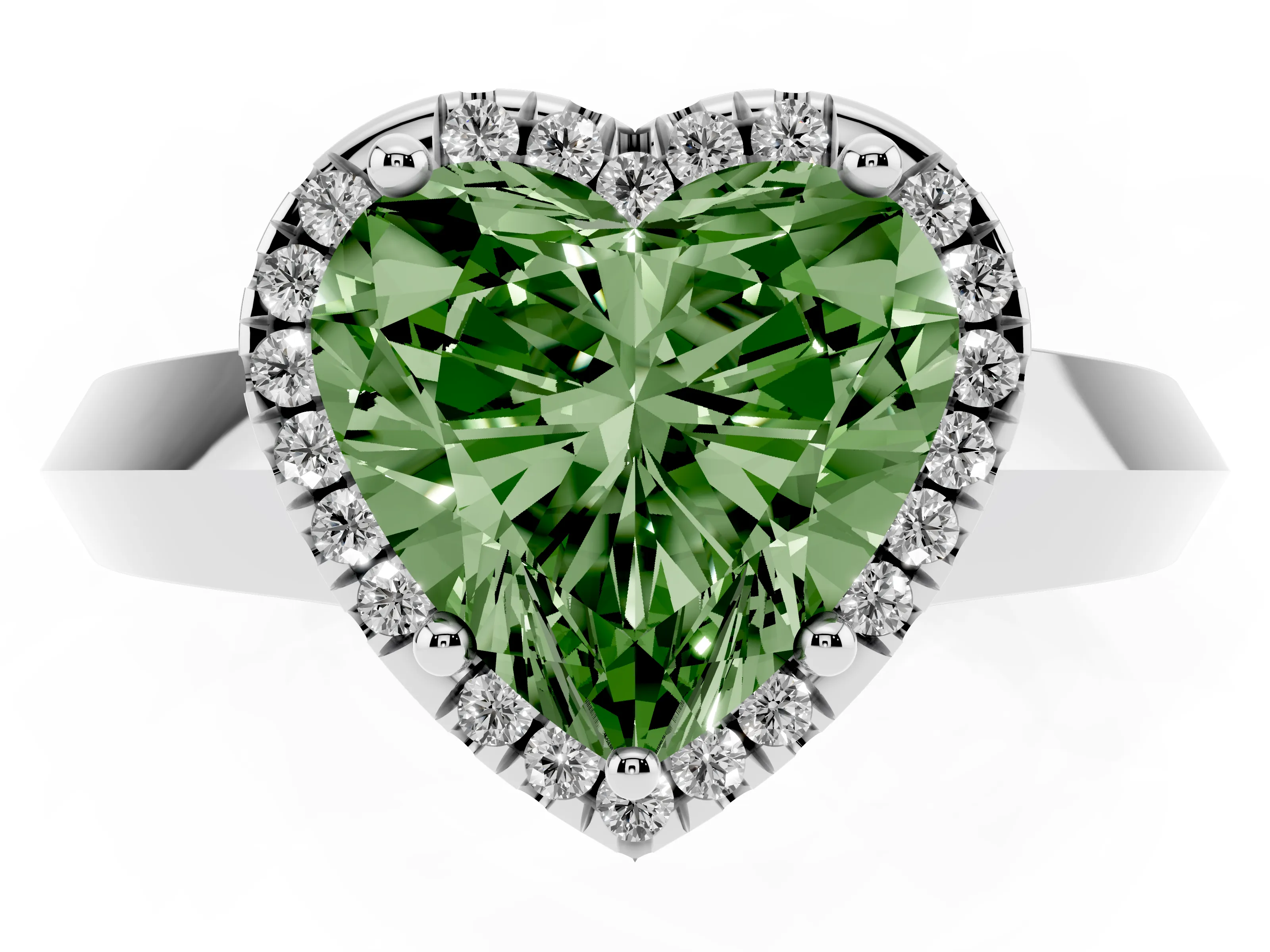 Fancy Green Heart Cut Diamond Halo Ring Set in Platinum with Cathedral Band and Prong Setting