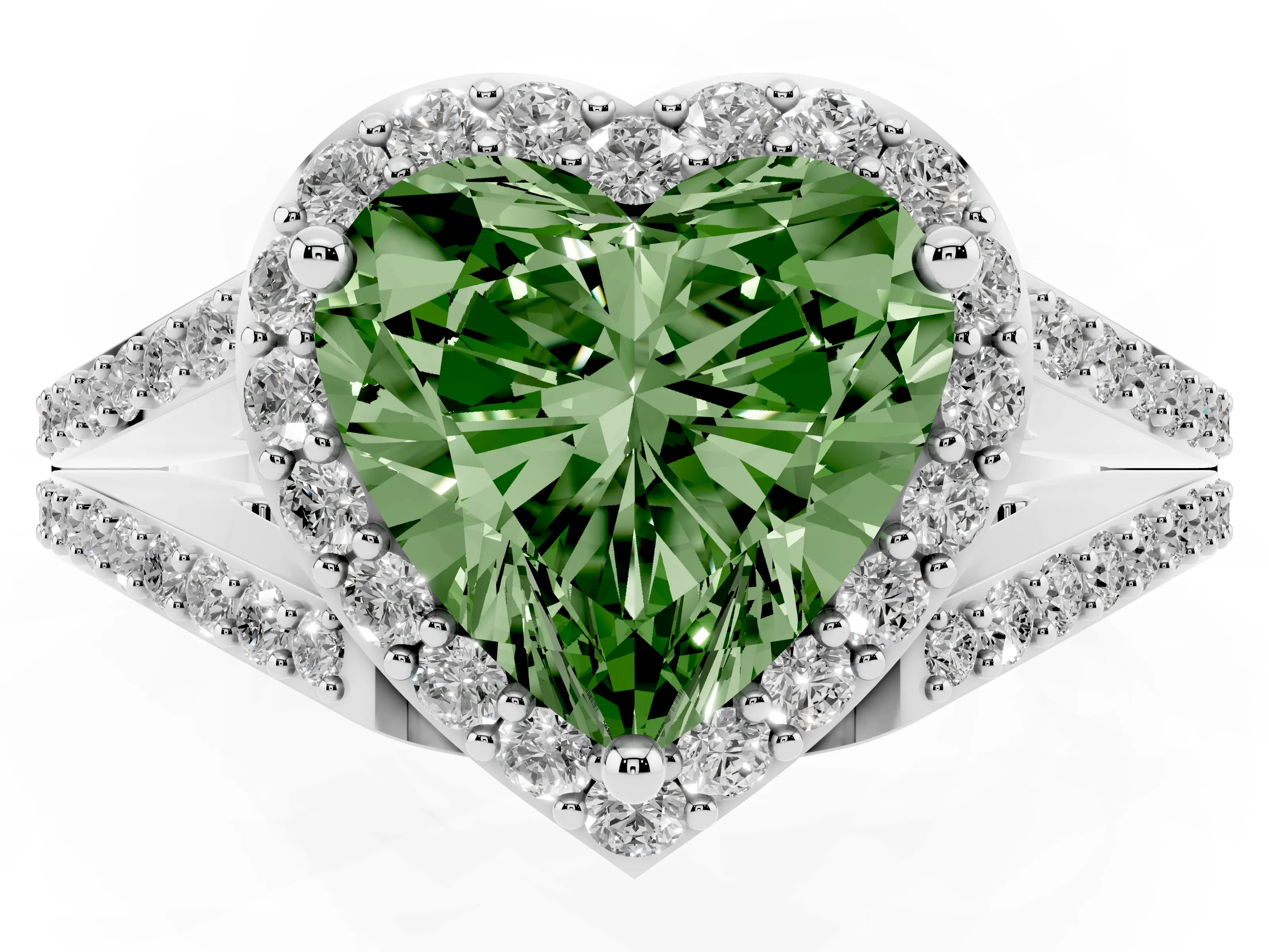 Fancy Green Heart Cut Diamond Halo Split Shank Pavé Ring Set in Platinum with Prong Setting