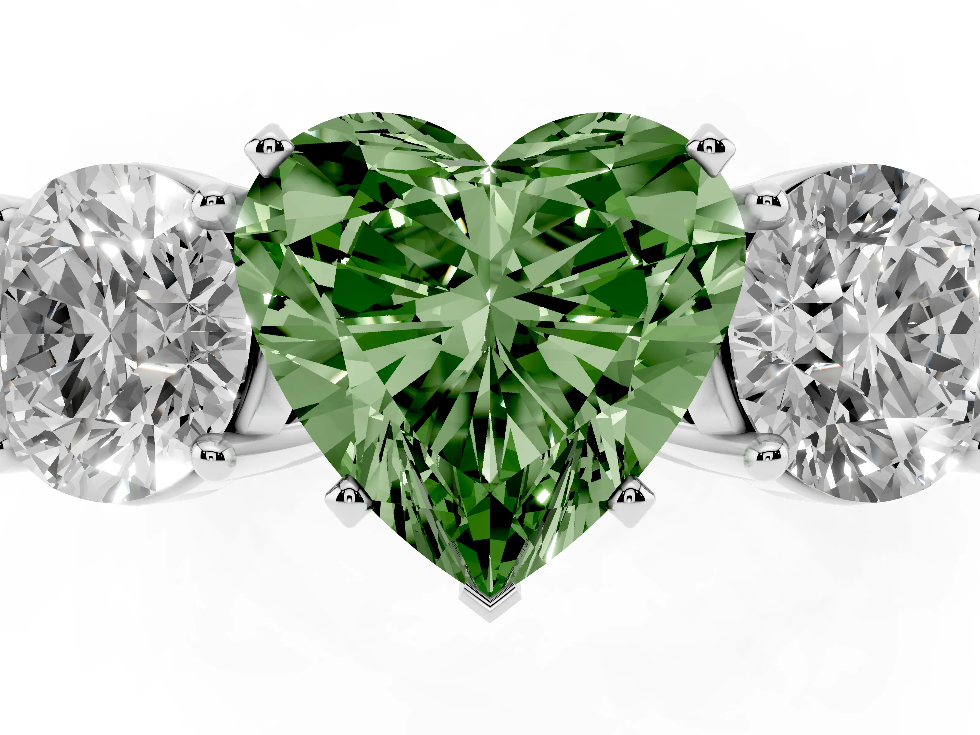 Fancy Green Heart Cut Diamond Three-Stone Ring Set in Platinum with Round Side Stones and Classic Band