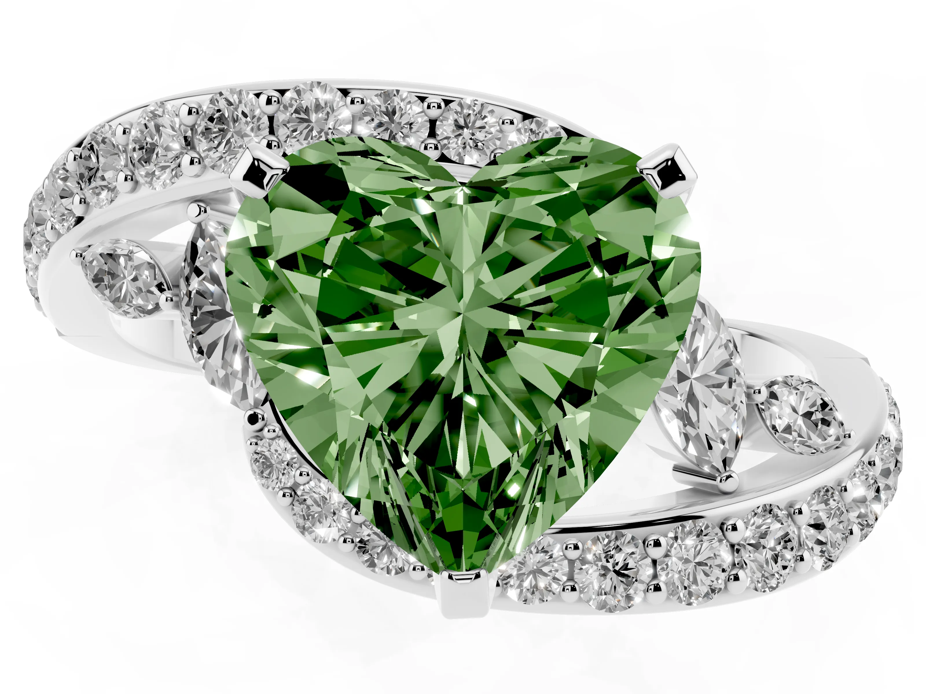 Fancy Green Heart Cut Diamond Solitaire Ring Set in Silver with Pavé Twist Band and Secure Prong Setting