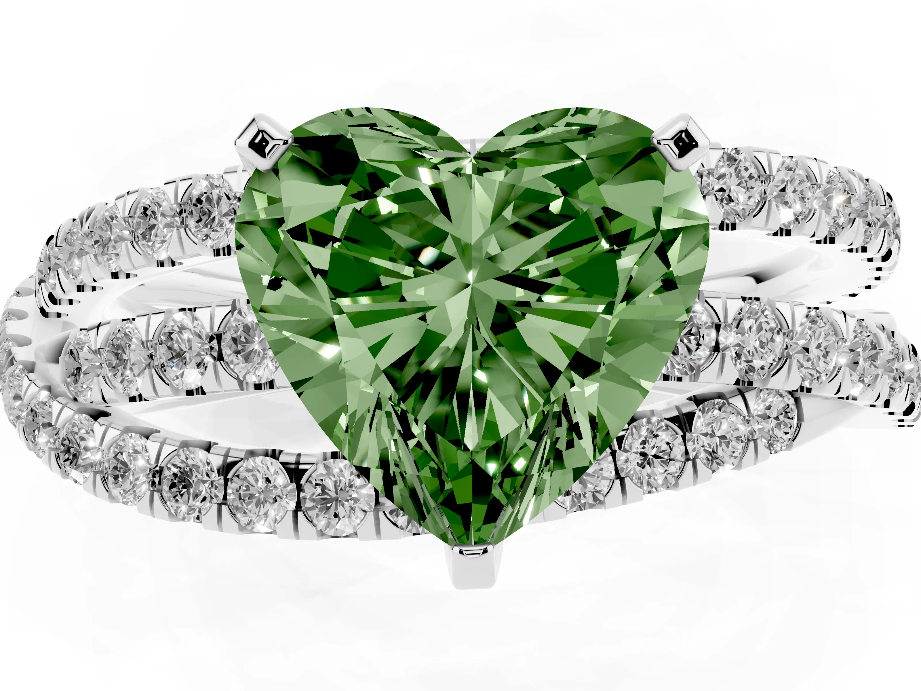 Fancy Green Heart Cut Diamond Solitaire Twist Band Ring Set in Silver with Pavé Setting and Prong Head