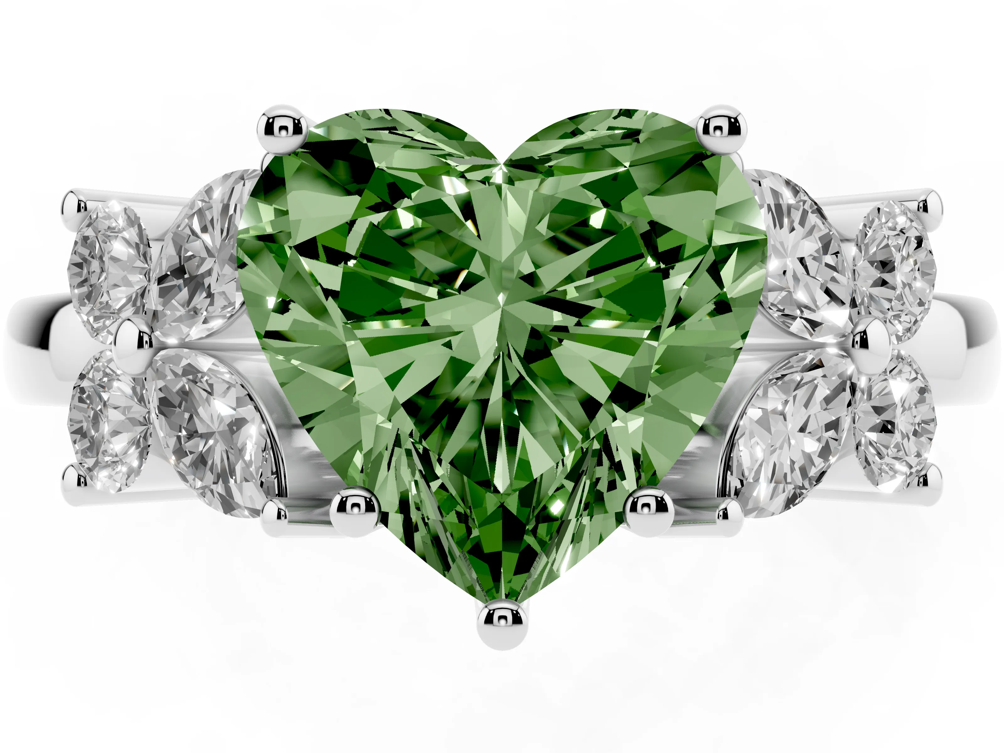Fancy Green Heart Cut Diamond Floral Cluster Ring Set in Platinum with Marquise Petals and Prong Setting