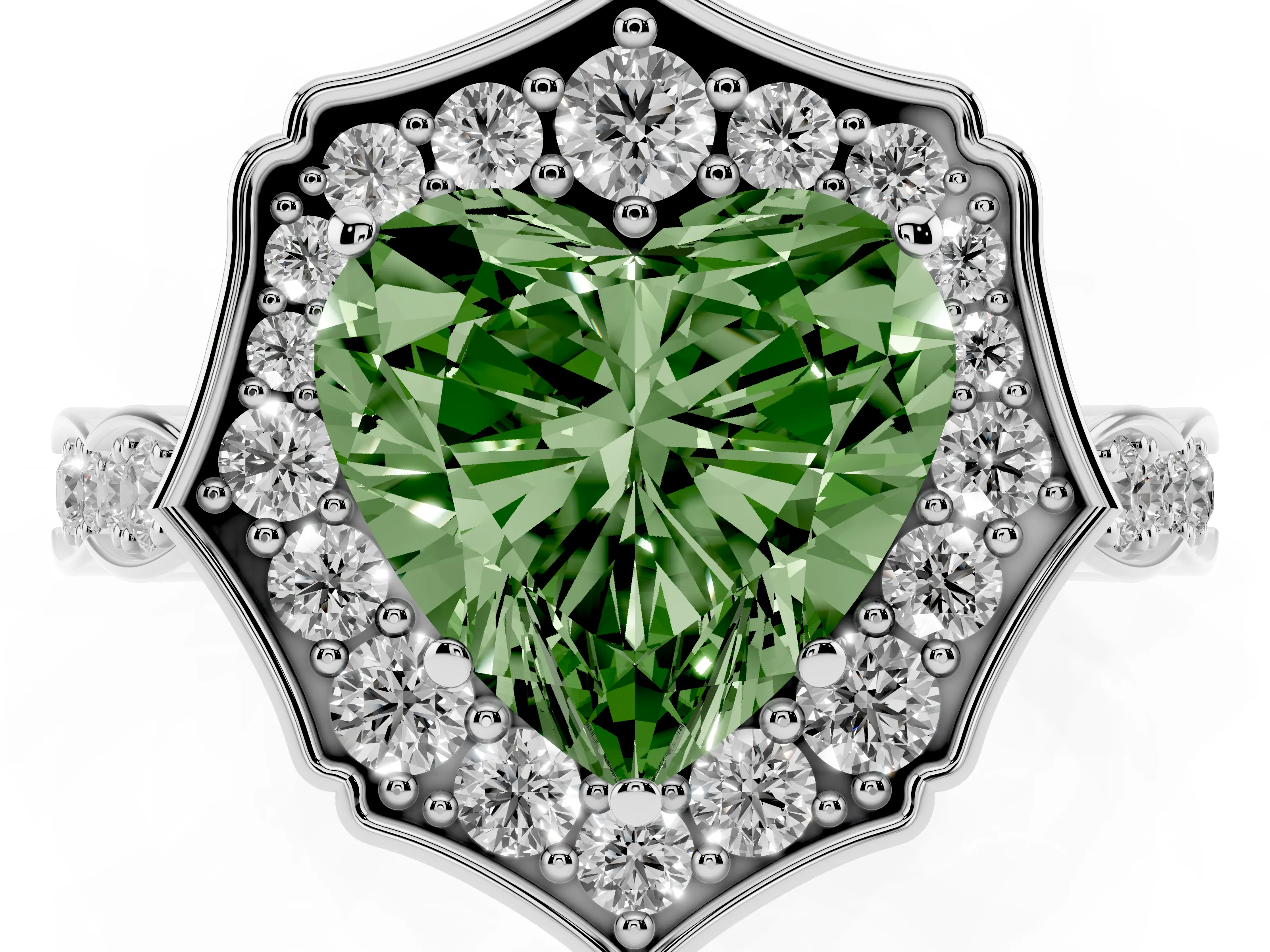 Fancy Green Heart Cut Diamond Halo Engagement Ring Set in White gold with Milgrain Band and Prong Setting