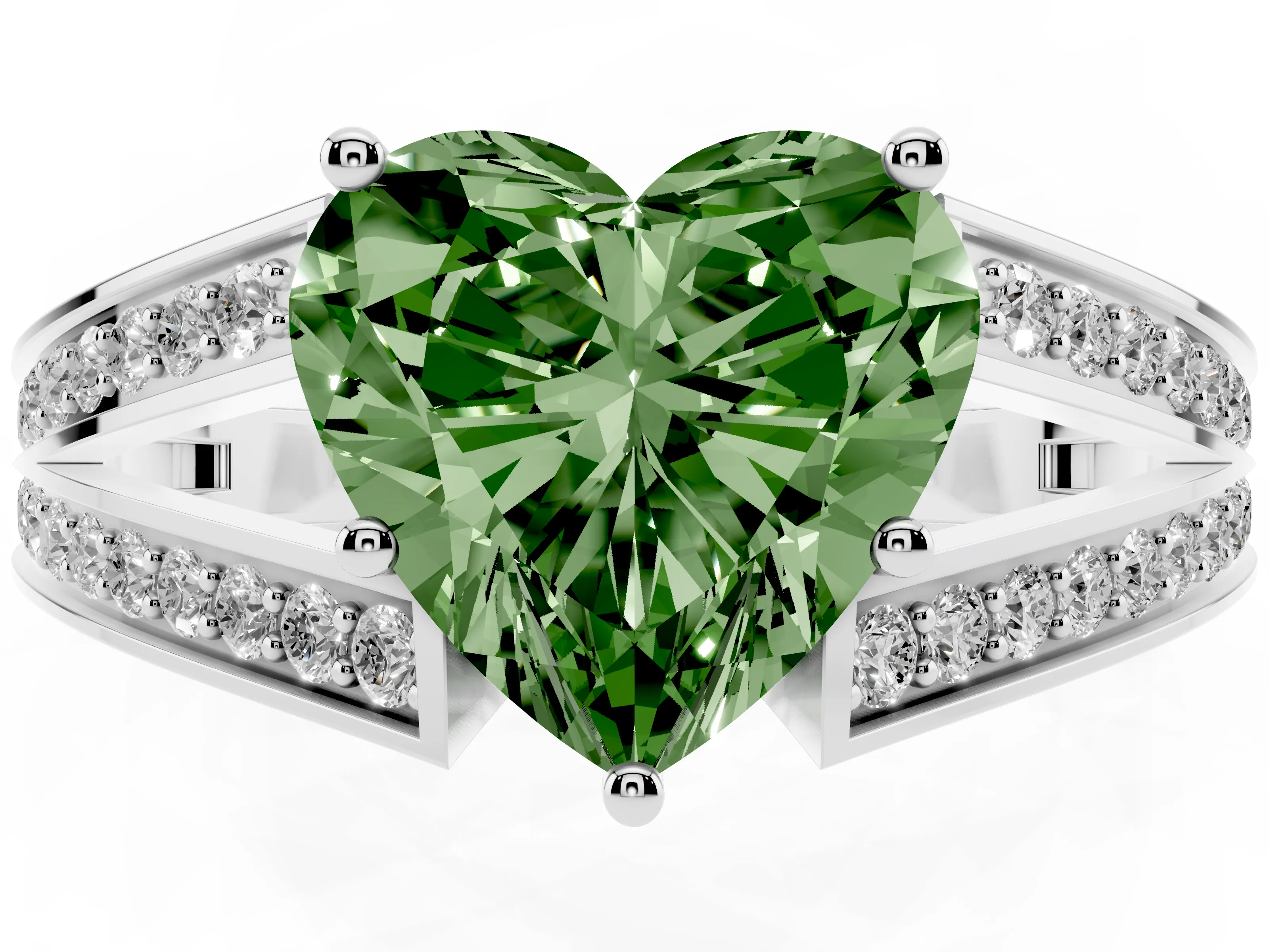 Fancy Green Heart Cut Diamond Split Shank Ring Set in Silver with Pavé Band and Prong Setting