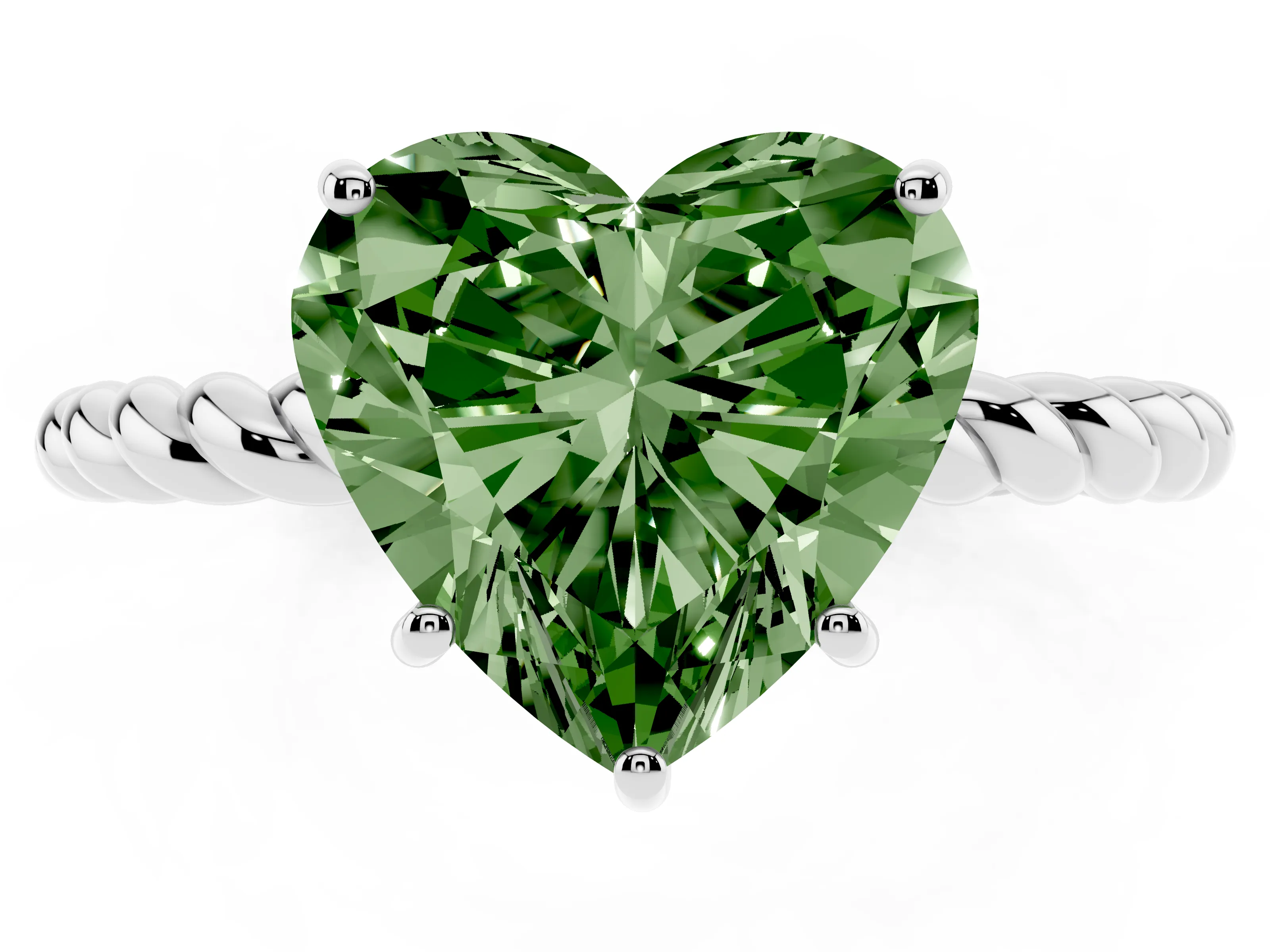 Fancy Green Heart Cut Diamond Solitaire Ring Set in White gold with Twist Band and Prong Setting