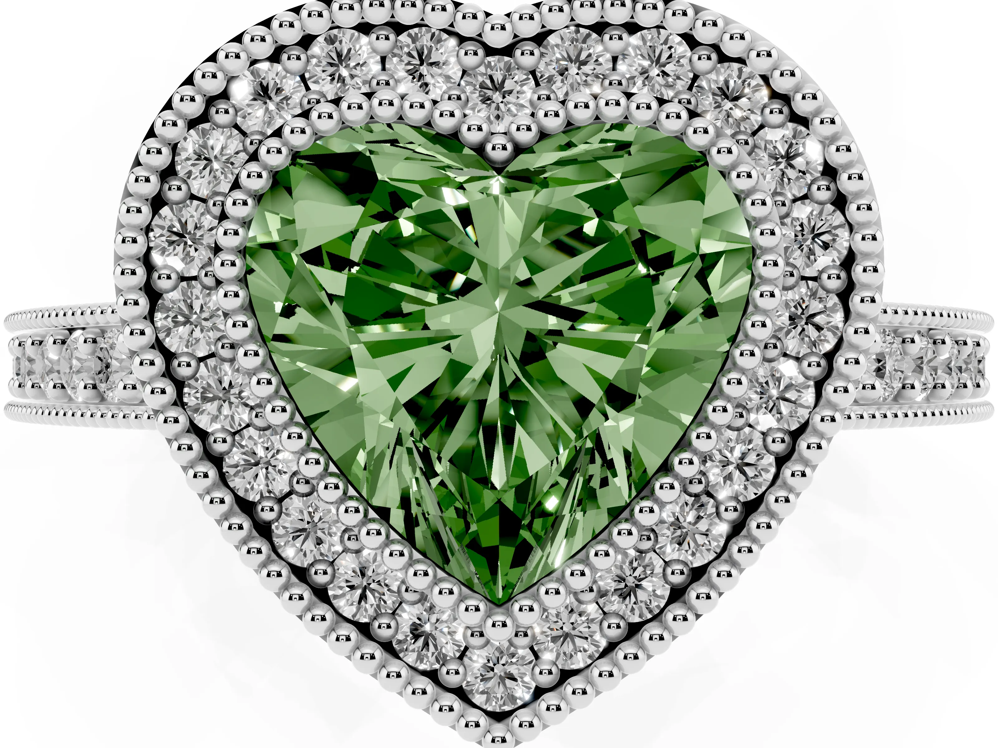 Fancy Green Heart Cut Diamond Halo Engagement Ring Set in Platinum with Pavé Band and Round Halo Stones