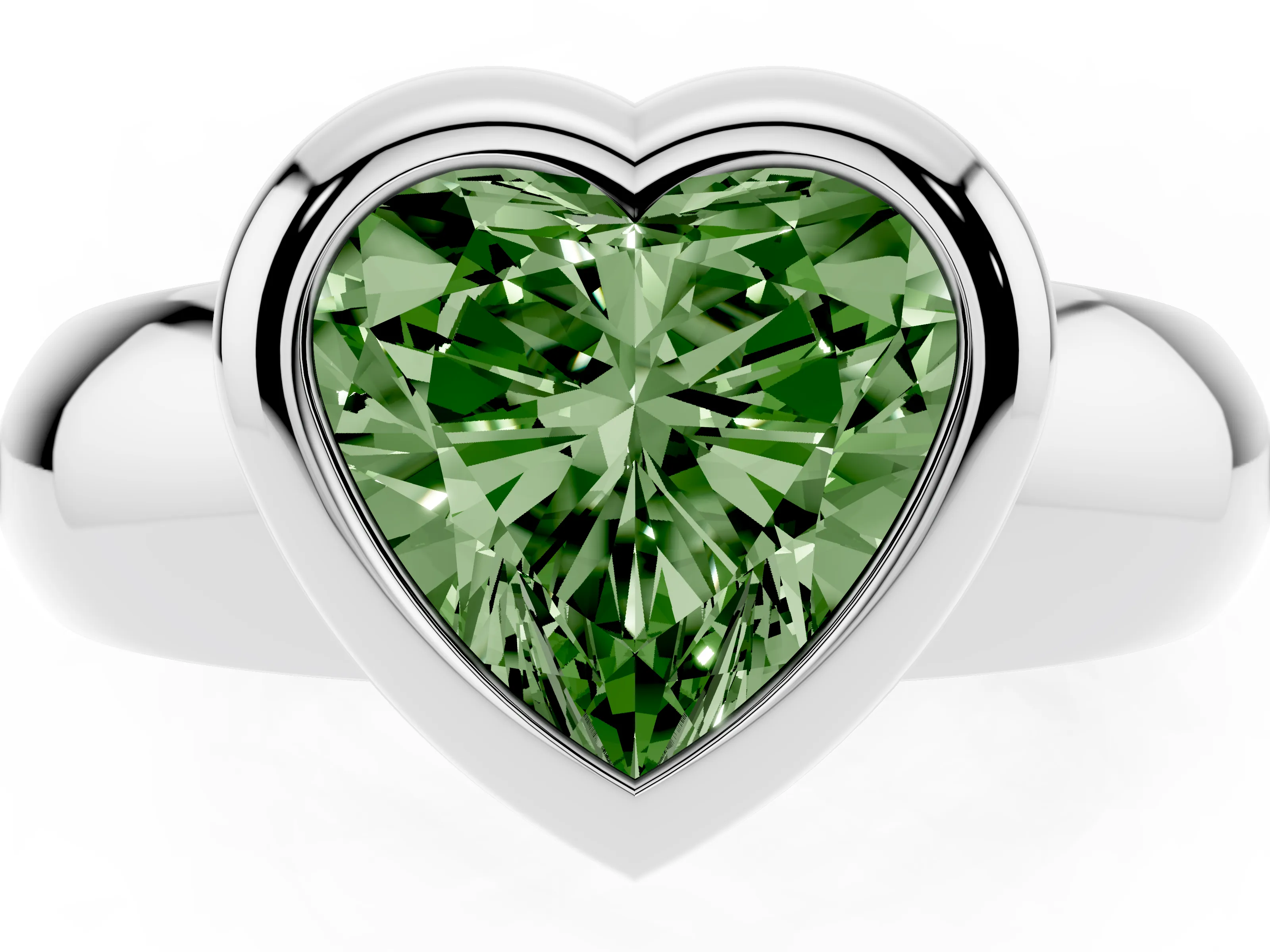 Fancy Green Bezel Set Heart Cut Diamond Solitaire Ring Set in White gold with Wide Band