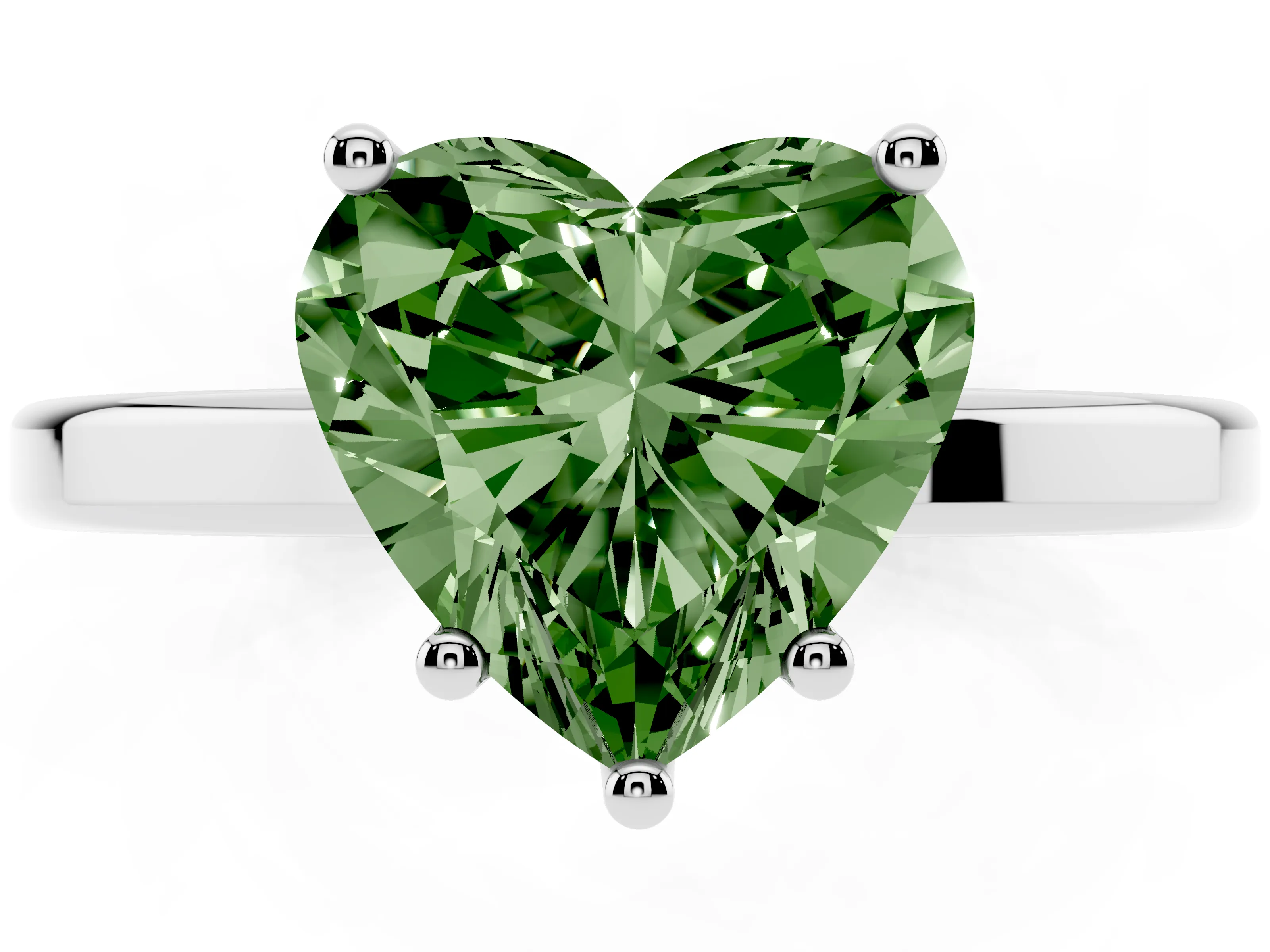Fancy Green Heart Cut Diamond Solitaire Engagement Ring Set in White gold with Prong Setting on a Plain Band