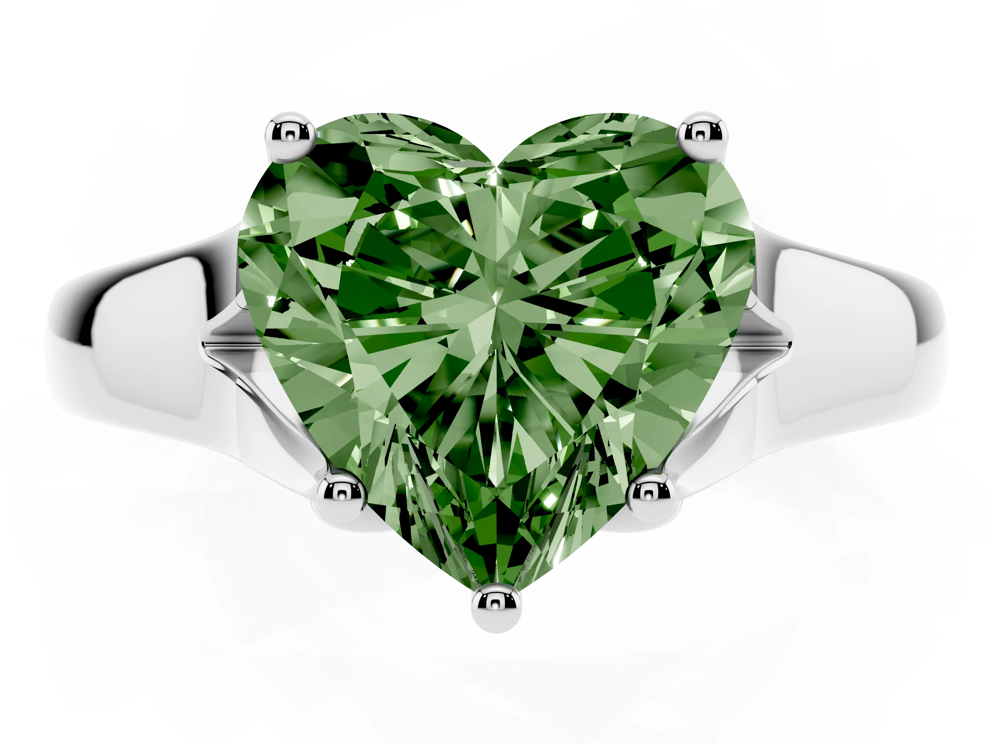 Fancy Green Heart Cut Diamond Solitaire Ring Set in White gold with Arched Cathedral Band and Prong Setting