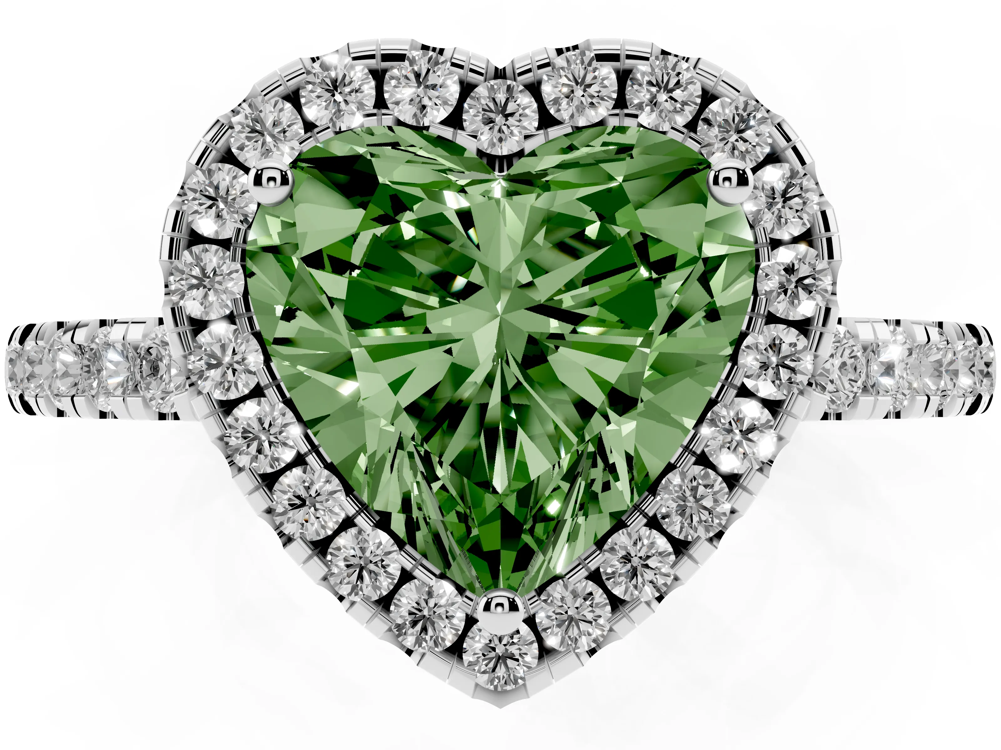 Fancy Green Heart Cut Diamond Pavé Band Halo Engagement Ring Set in White gold with Prong Setting