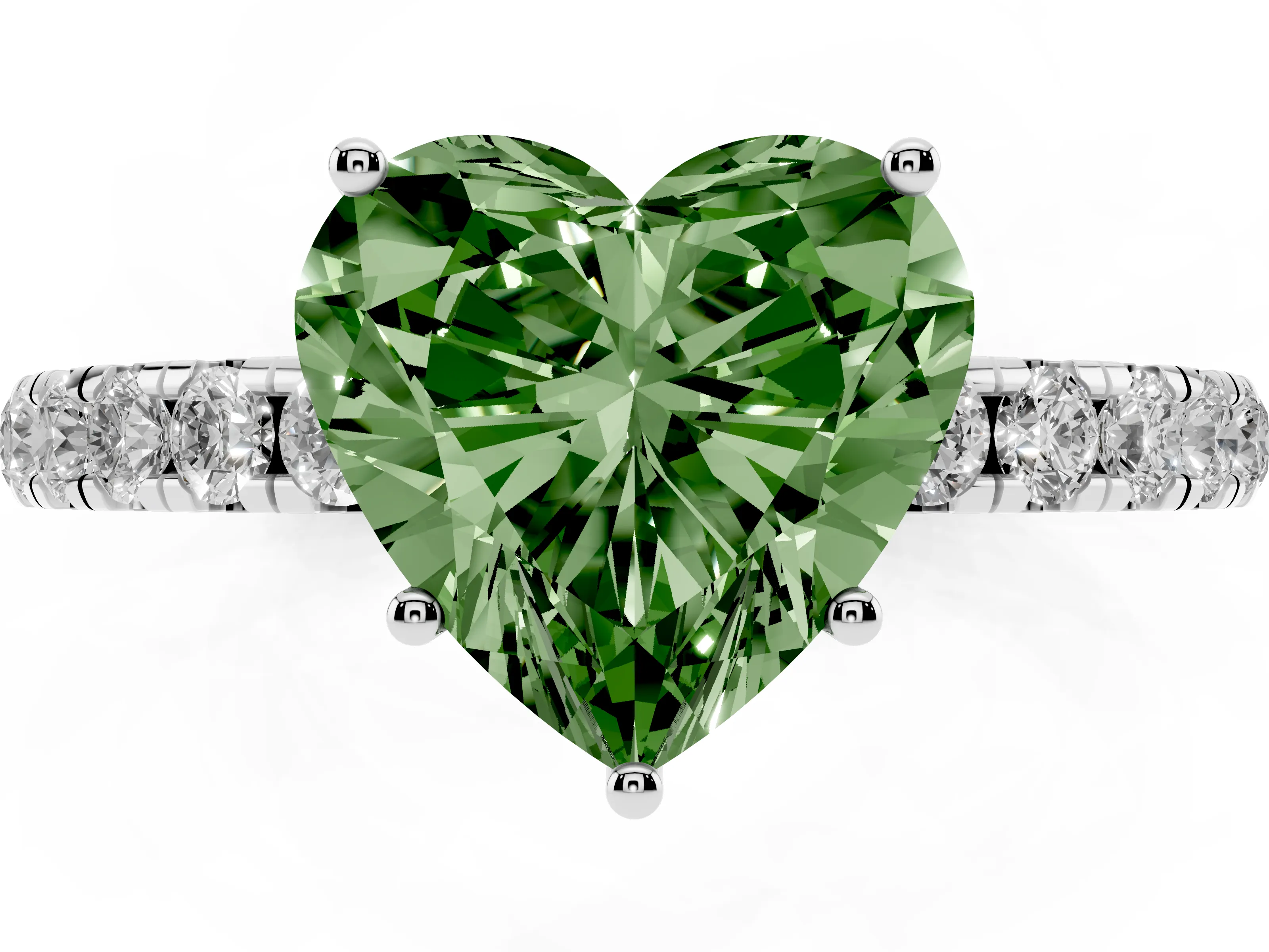 Fancy Green Heart Cut Diamond Pavé Solitaire Engagement Ring Set in White gold with Prong Setting
