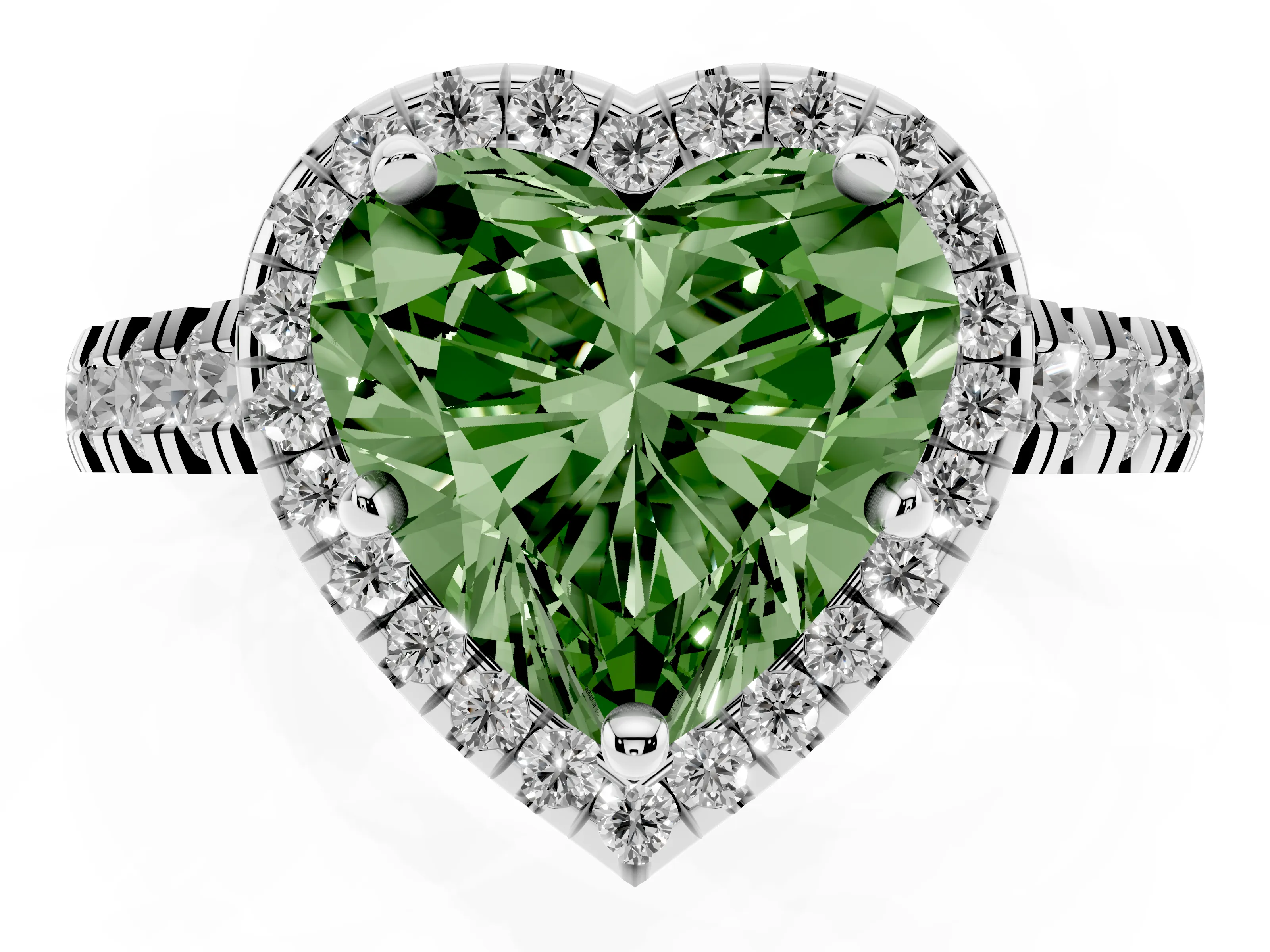 Fancy Green Heart Cut Diamond Halo Engagement Ring Set in Platinum with Pavé Band and Prong-Set Center