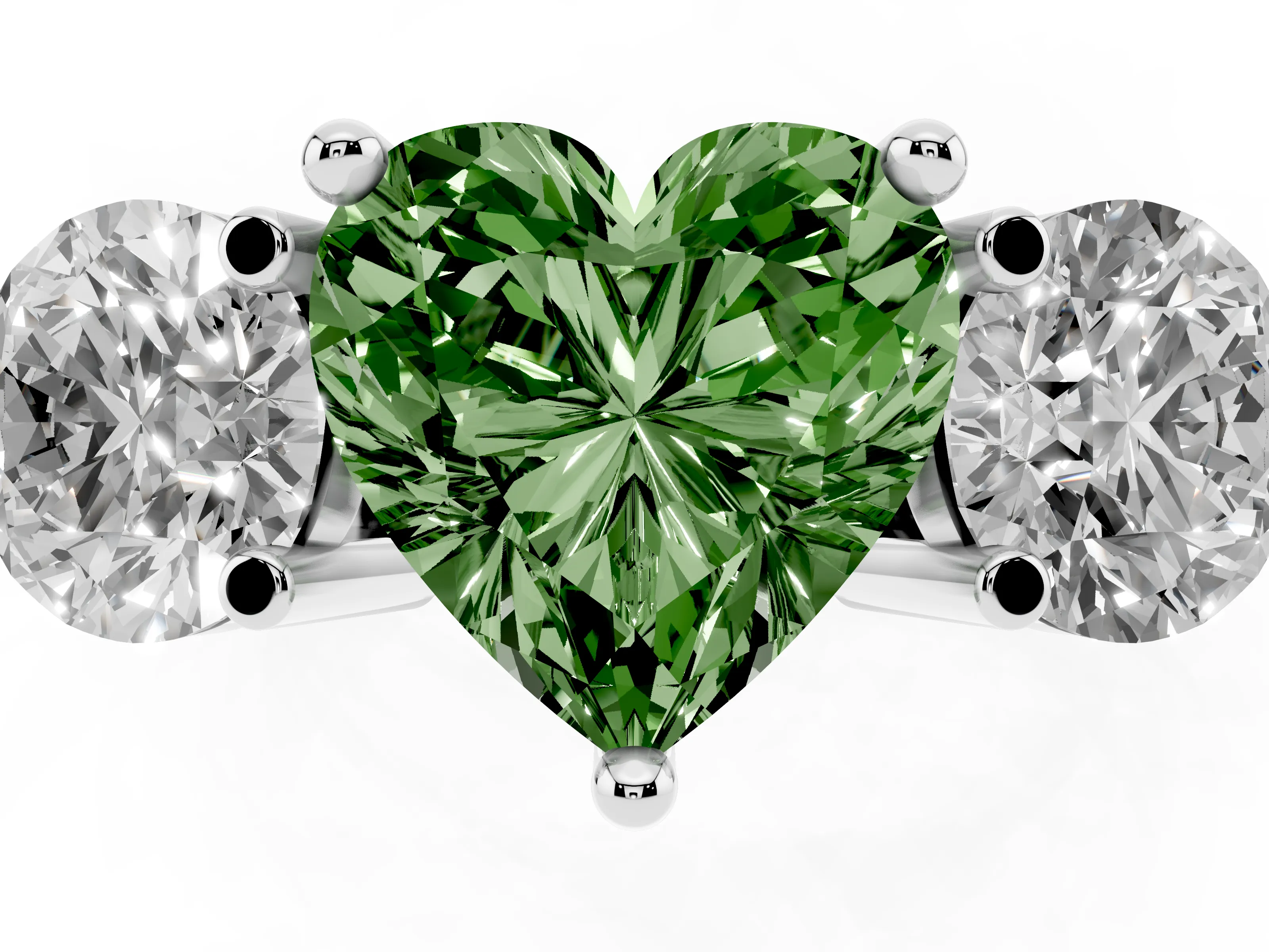 Fancy Green Heart Cut Diamond Three-Stone Ring Set in Platinum with Prong Setting and Classic Band