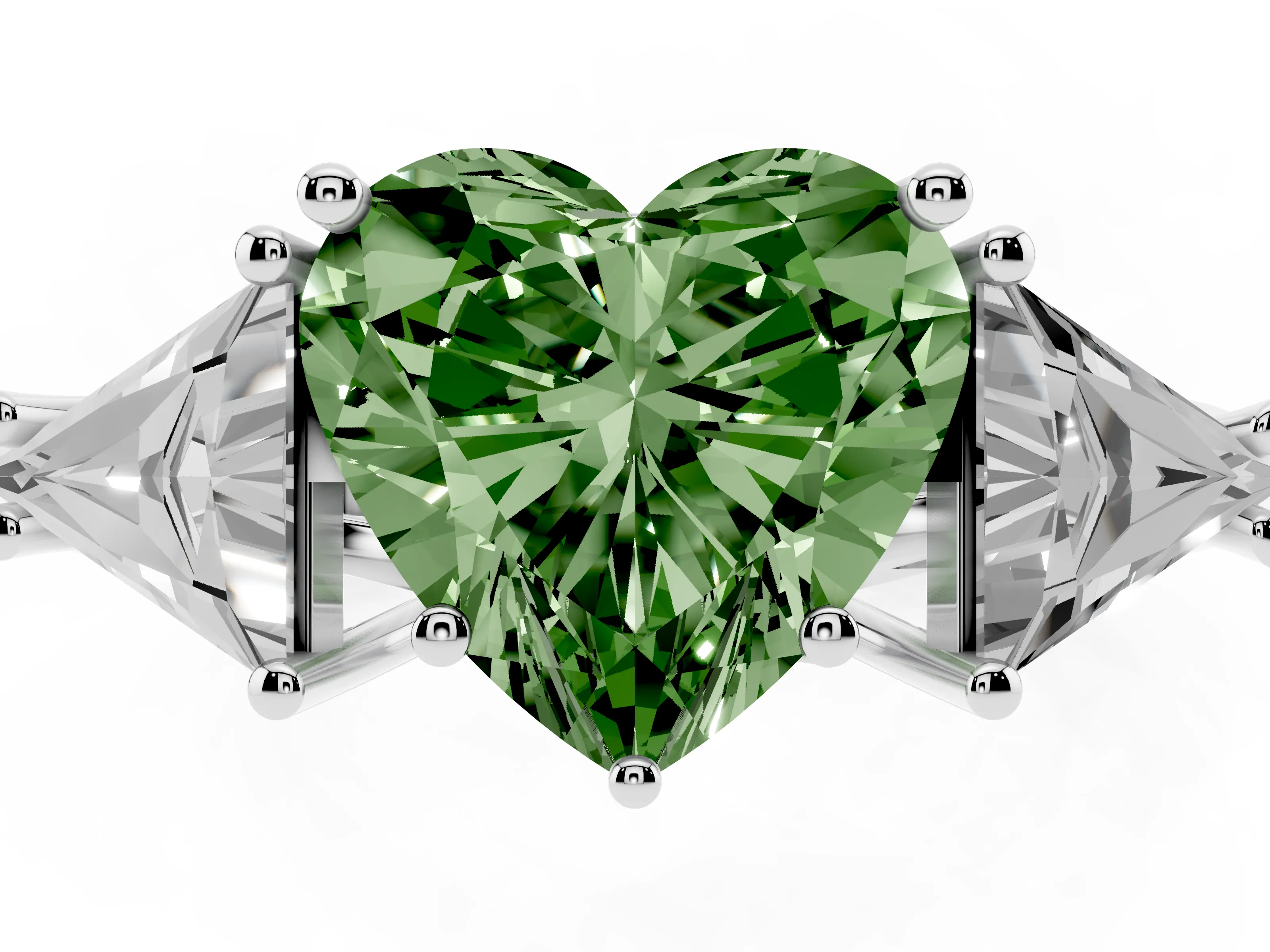 Fancy Green Heart Cut Diamond Three-Stone Engagement Ring Set in Platinum with Trillion Side Stones