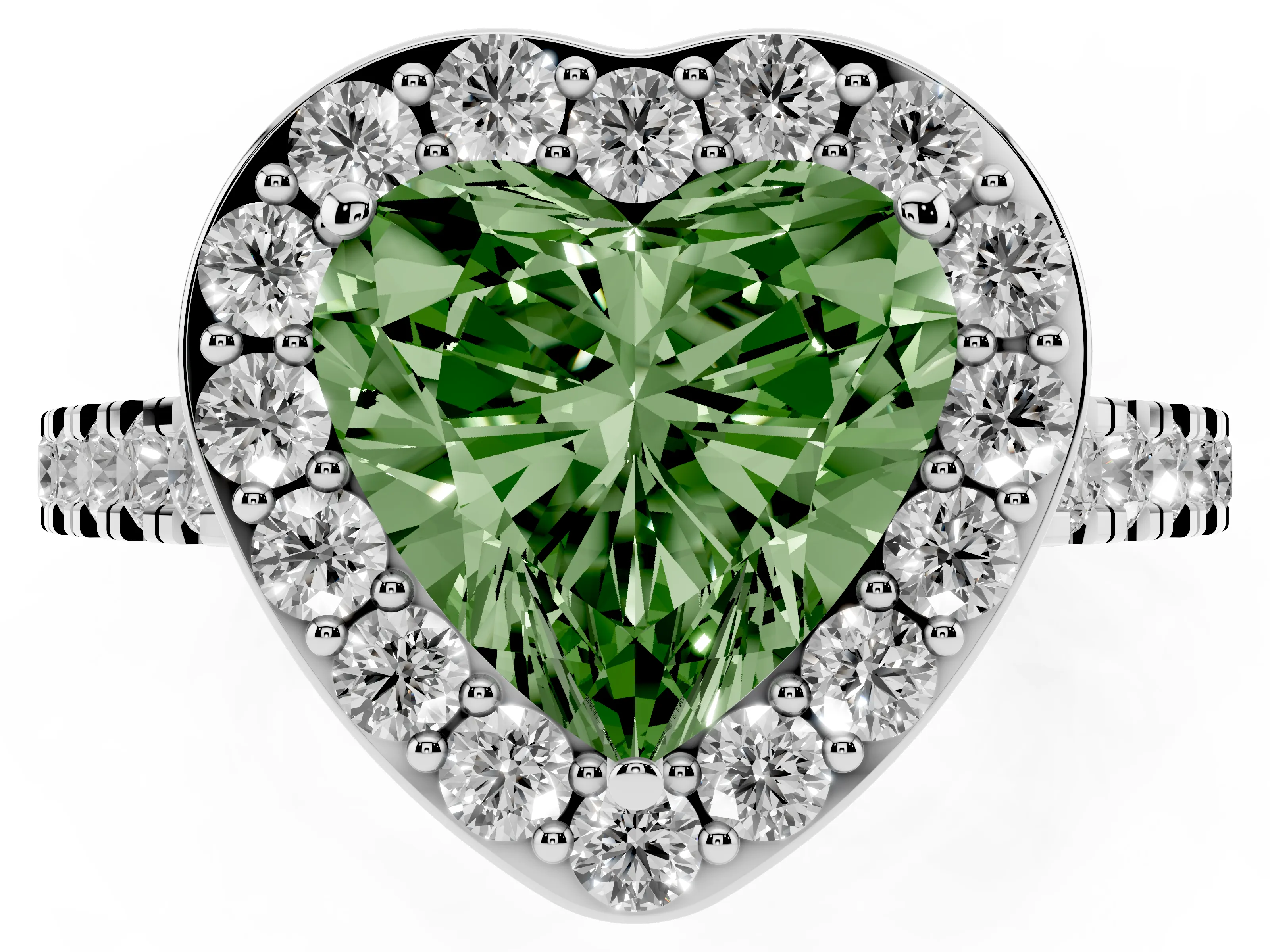 Fancy Green Heart Cut Diamond Halo Ring Set in White gold with Round Pavé Split Shank and Prong Setting