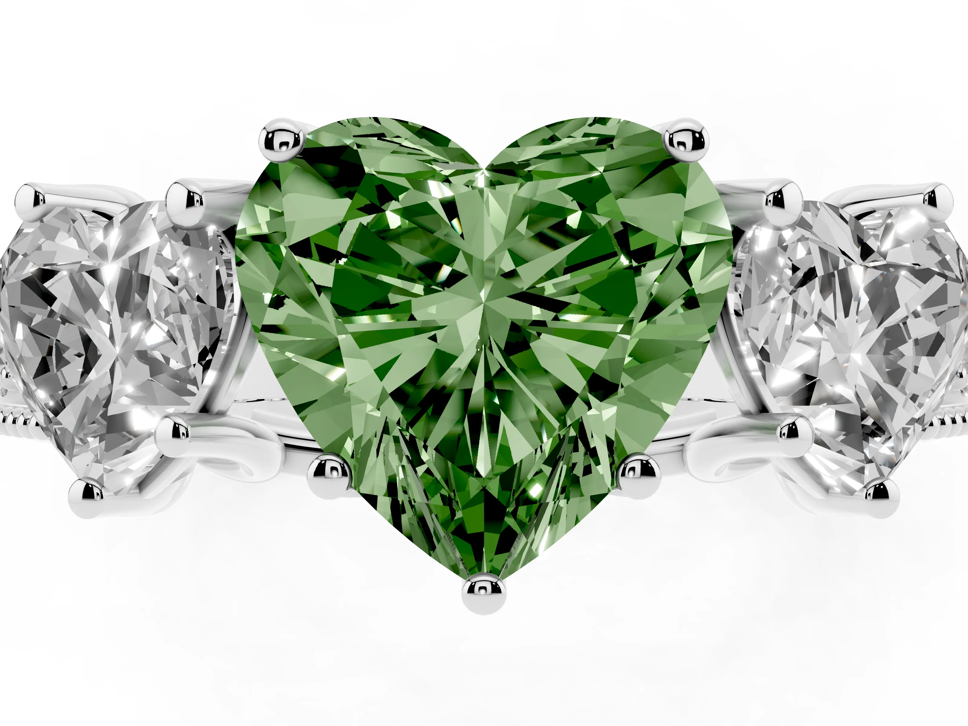 Fancy Green Heart Cut Diamond Three-Stone Engagement Ring Set in Silver with Milgrain Pavé Band