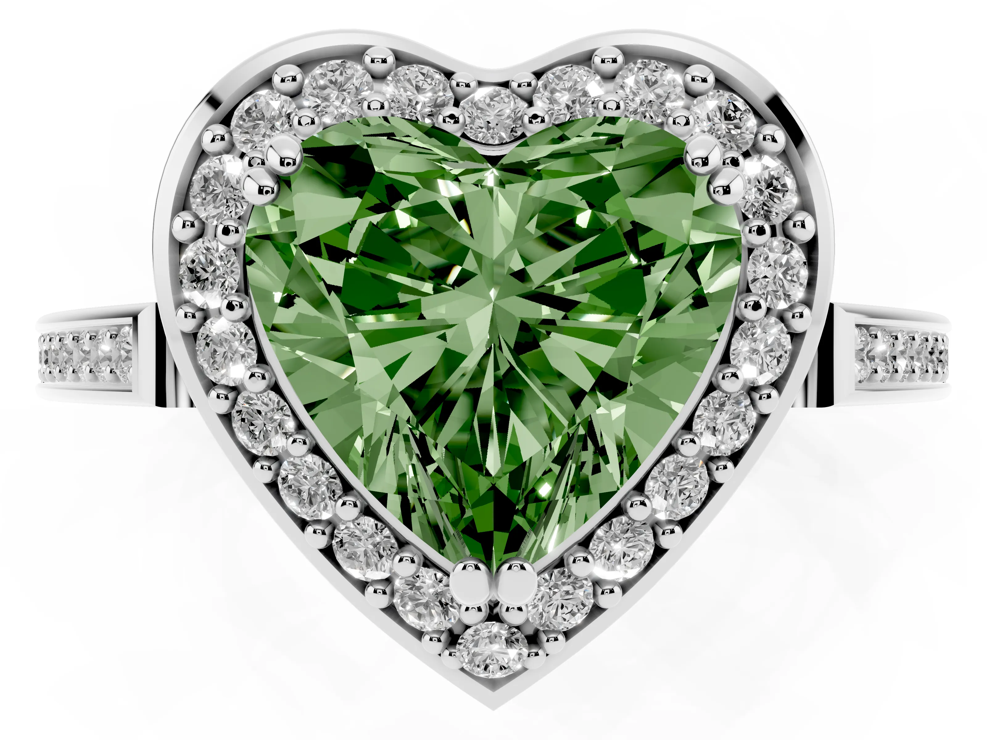 Fancy Green Heart Cut Diamond Halo Ring Set in White gold with Accent-Lined Split Shank and Prong Setting