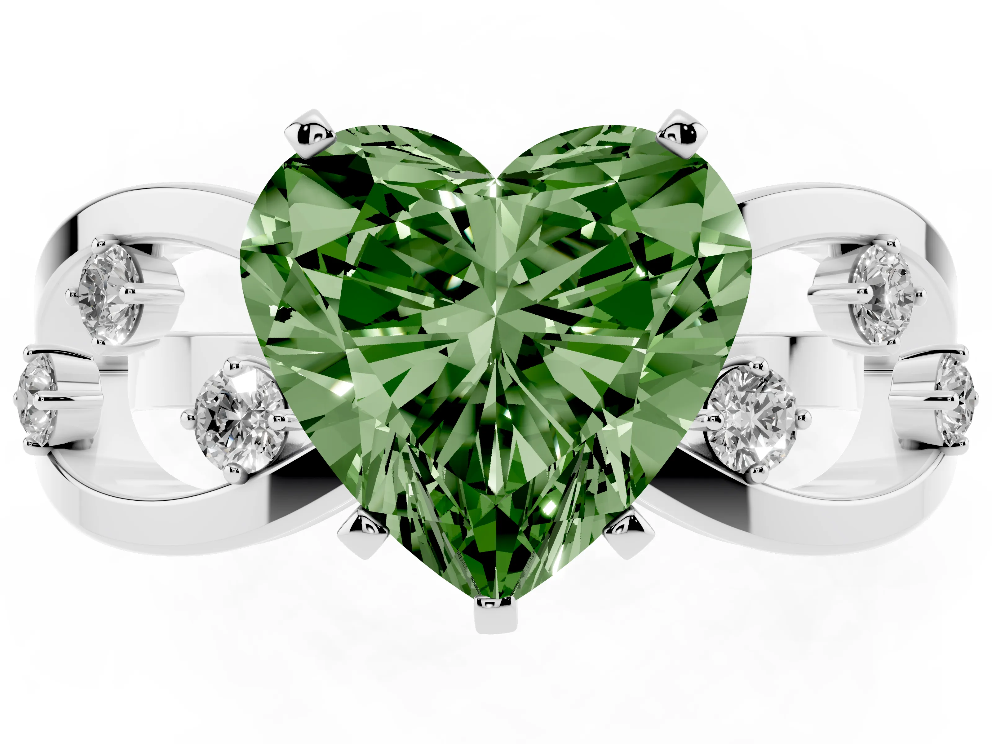 Fancy Green Heart Cut Diamond Solitaire Ring Set in Silver with Side Stones on Criss-Cross Band and Prong Setting