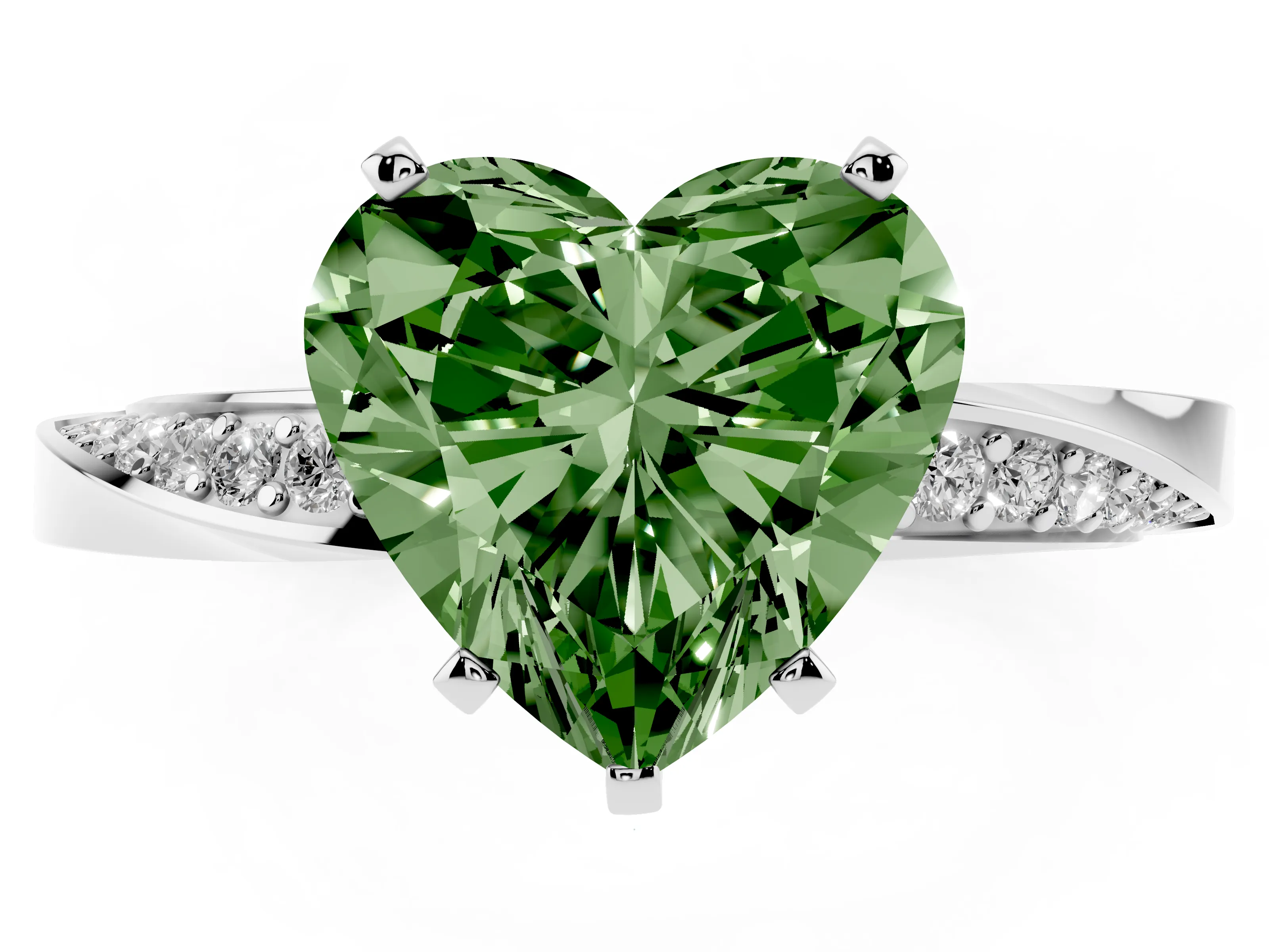 Fancy Green Heart Cut Diamond Engagement Ring Set in White gold with Side Stone Accents and Prong Setting