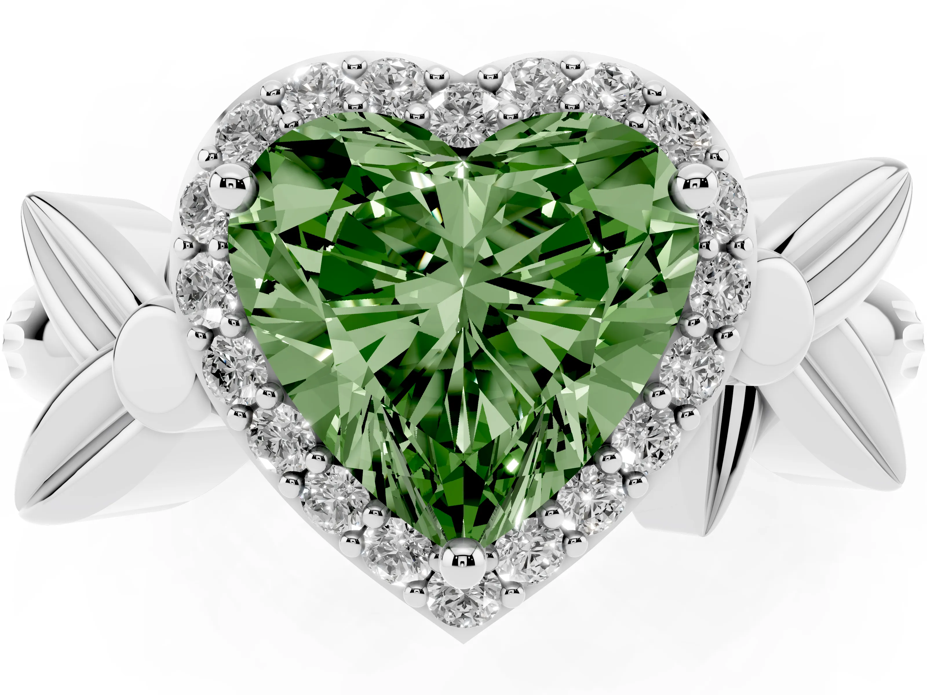 Fancy Green Heart Cut Diamond Halo Floral Band Ring Set in White gold with Prong Setting