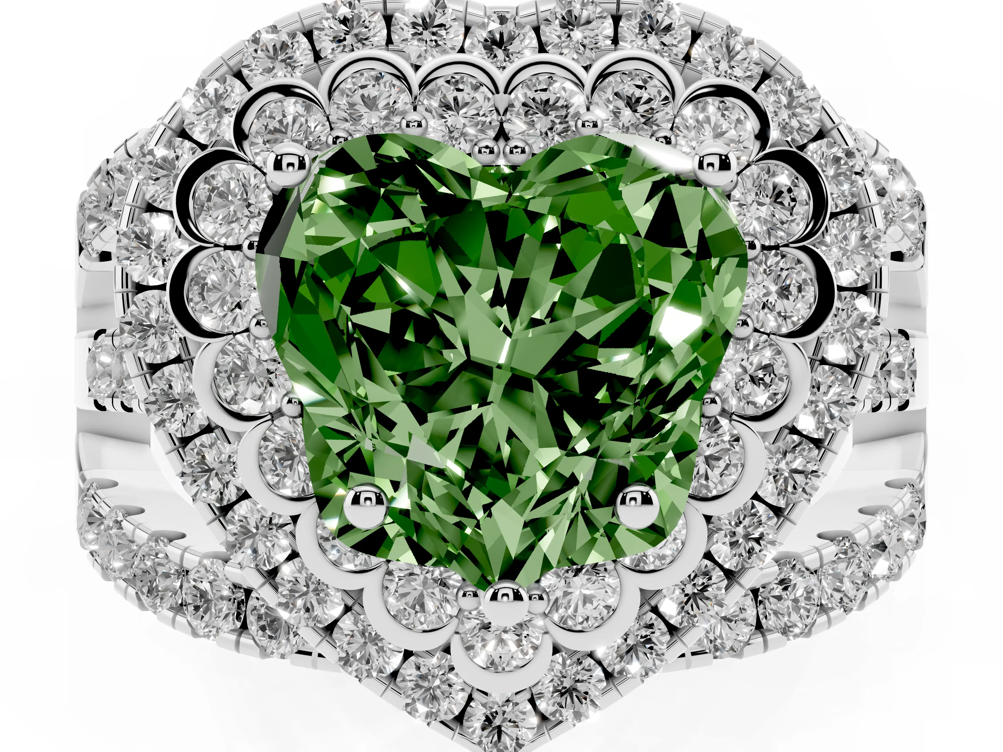 Fancy Green Heart Cut Diamond Double Halo Ring Set in White gold with Round Pavé Split Shank