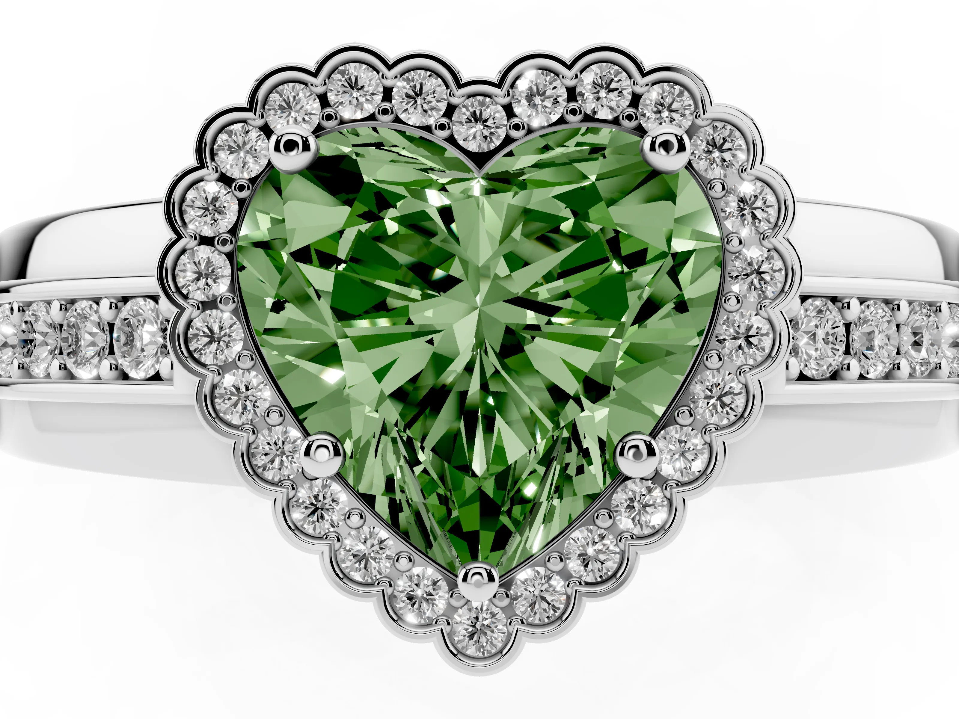 Fancy Green Heart Cut Diamond Halo Prong Ring Set in Platinum with Pavé Band