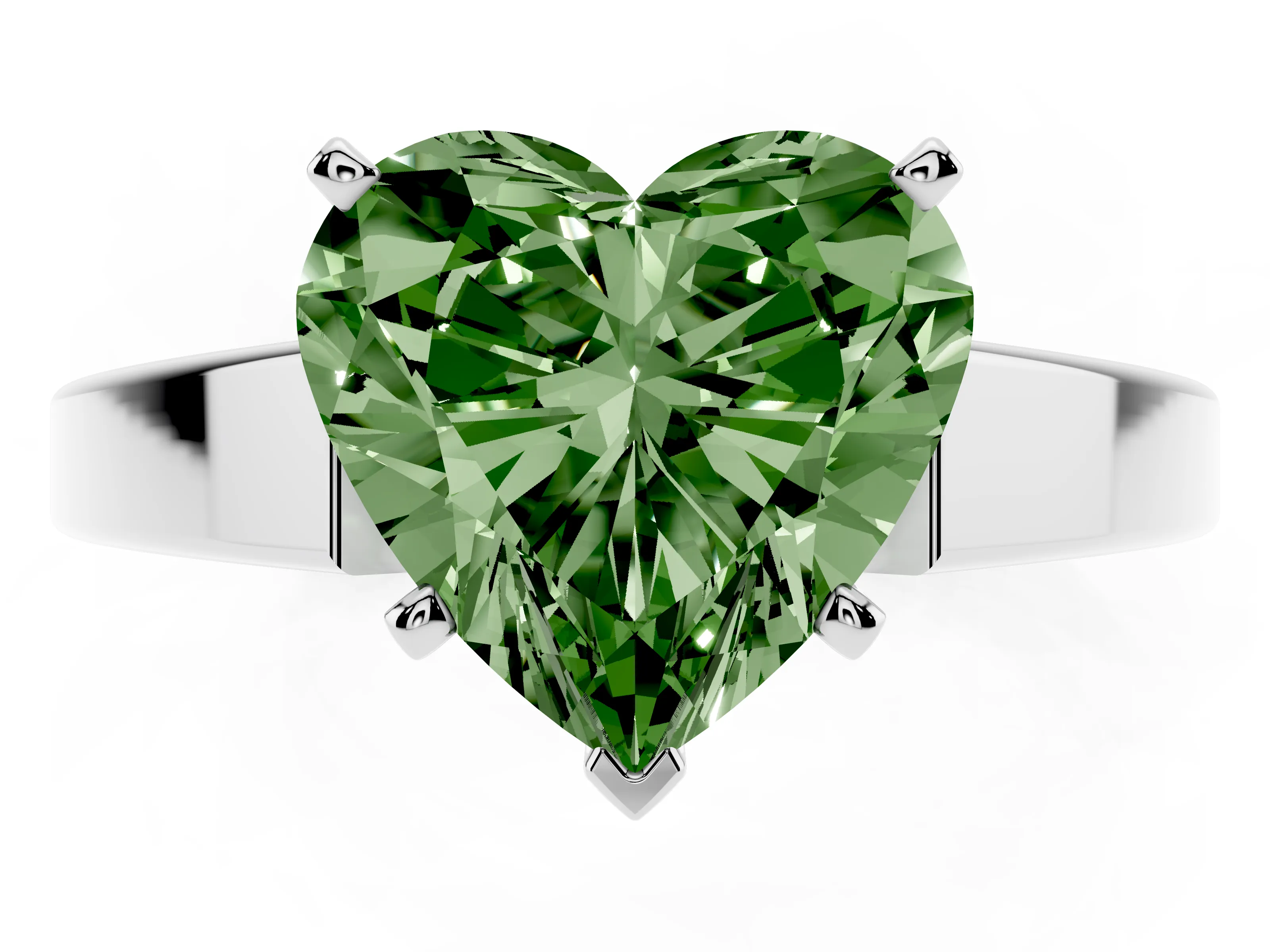 Fancy Green Heart Cut Diamond Solitaire Engagement Ring Set in White gold with Prong Setting and Tapered Band