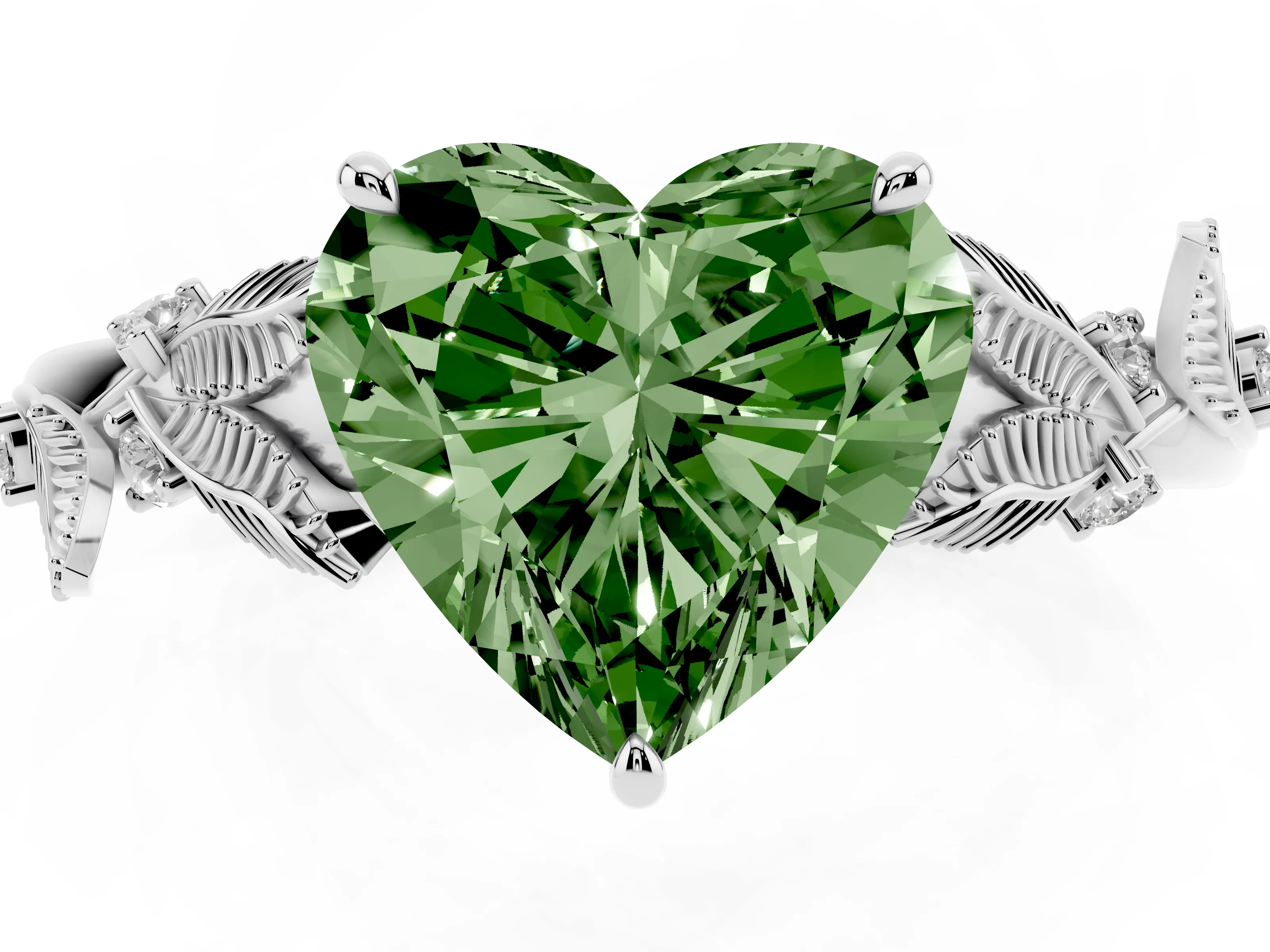 Fancy Green Heart Cut Diamond Solitaire Ring Set in Silver with Leaf Motif Band