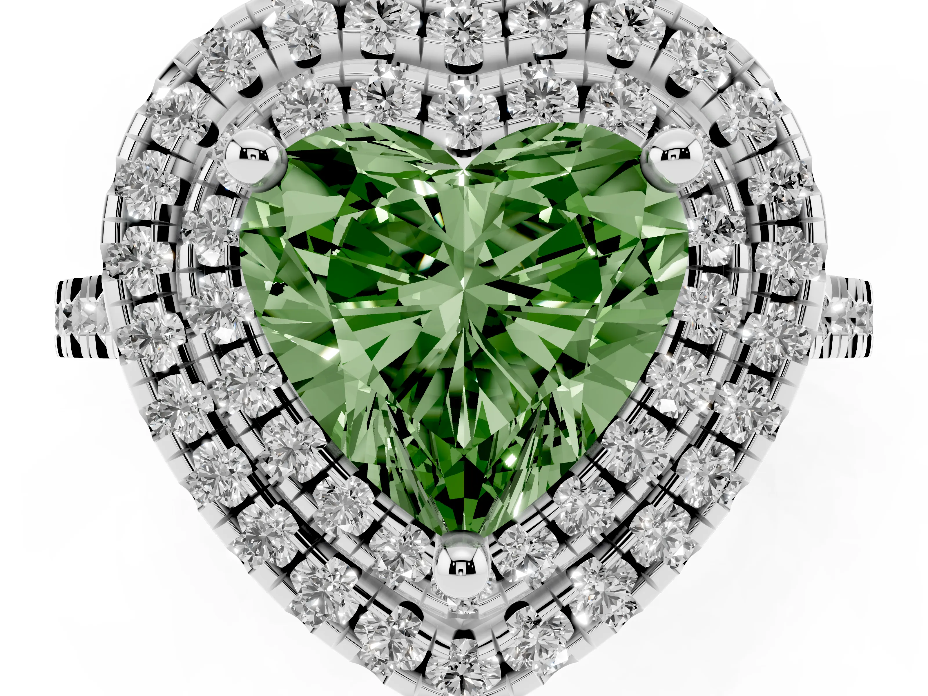 Fancy Green Heart Cut Diamond Double Halo Statement Ring Set in Platinum with Pavé Band