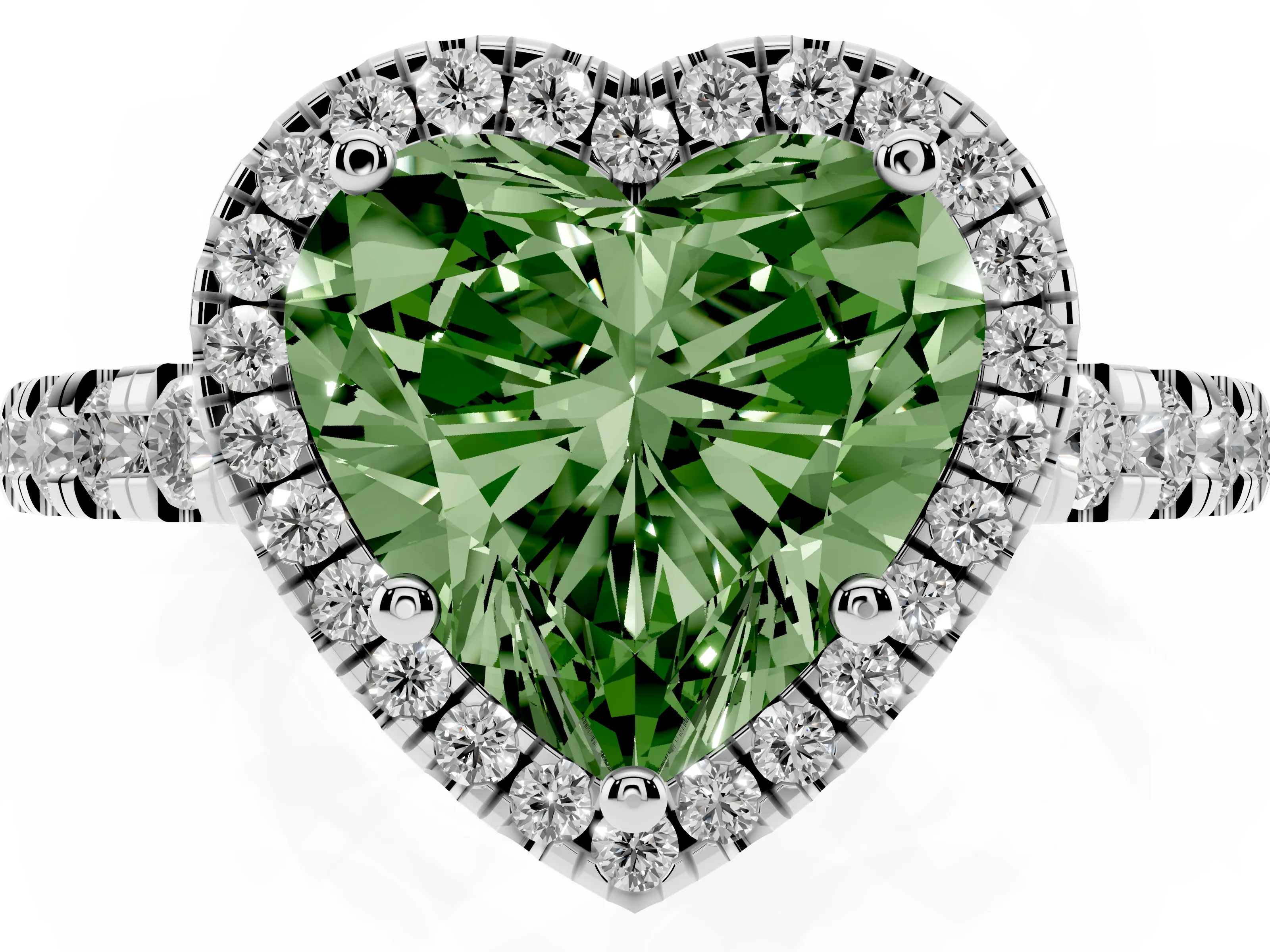 Fancy Green Heart Cut Diamond Halo Ring Set in Platinum with Delicate Pavé Band and Prong Setting