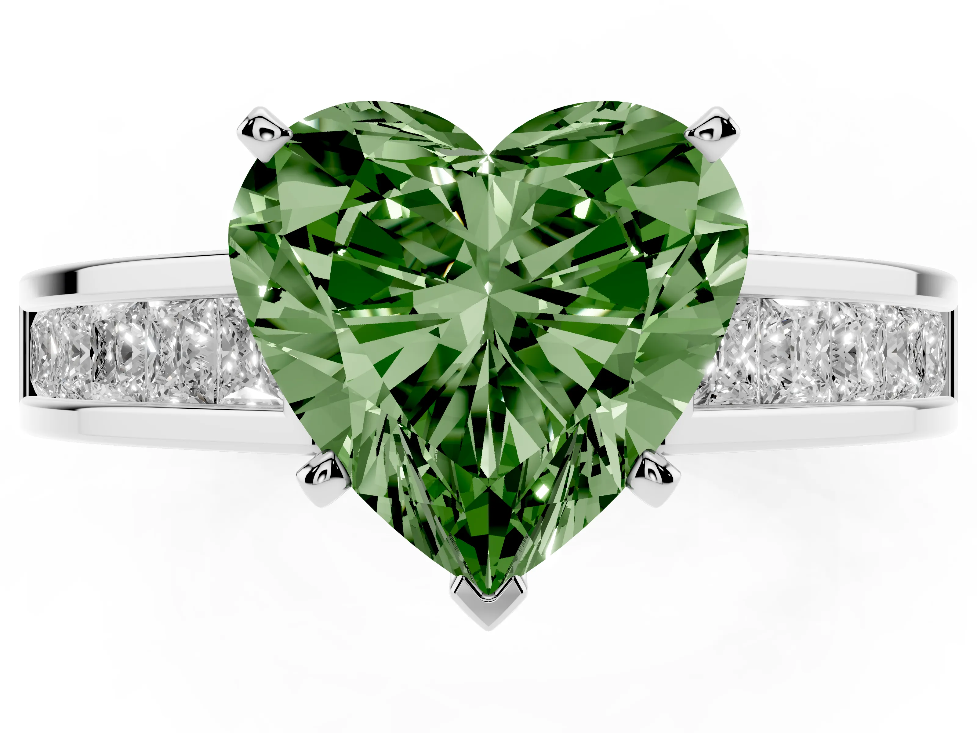 Fancy Green Heart Cut Diamond Solitaire Ring Set in Platinum with Channel-Set Band and Prong Setting