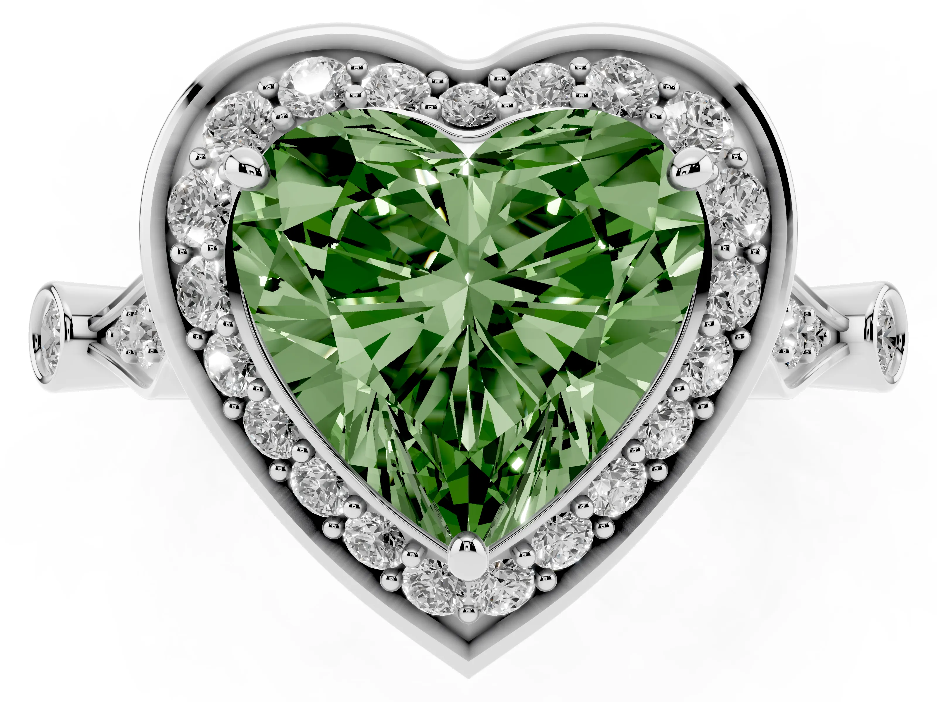 Fancy Green Heart Cut Diamond Halo Engagement Ring Set in White gold with Twisted Band and Prong Setting