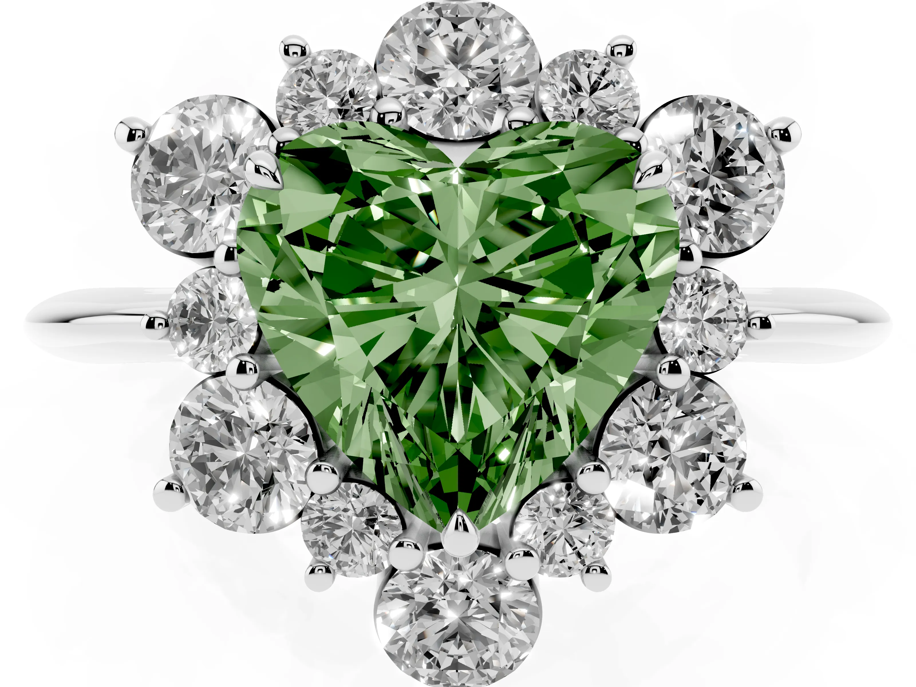Fancy Green Heart Cut Diamond Cluster Halo Ring Set in White gold with Solitaire Band and Prong Setting