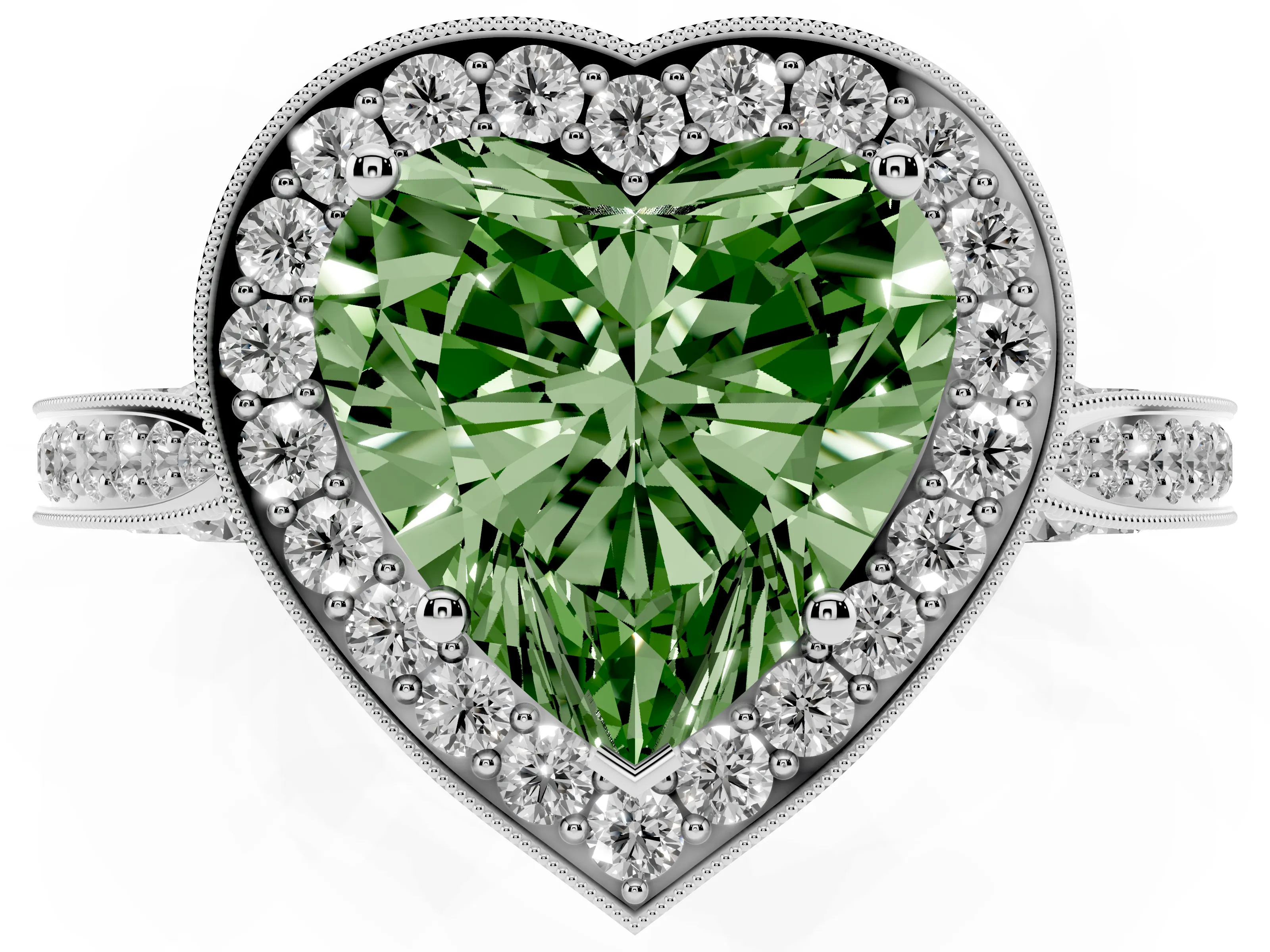 Fancy Green Heart Cut Diamond Halo Engagement Ring Set in Silver with Accent Split Shank Band