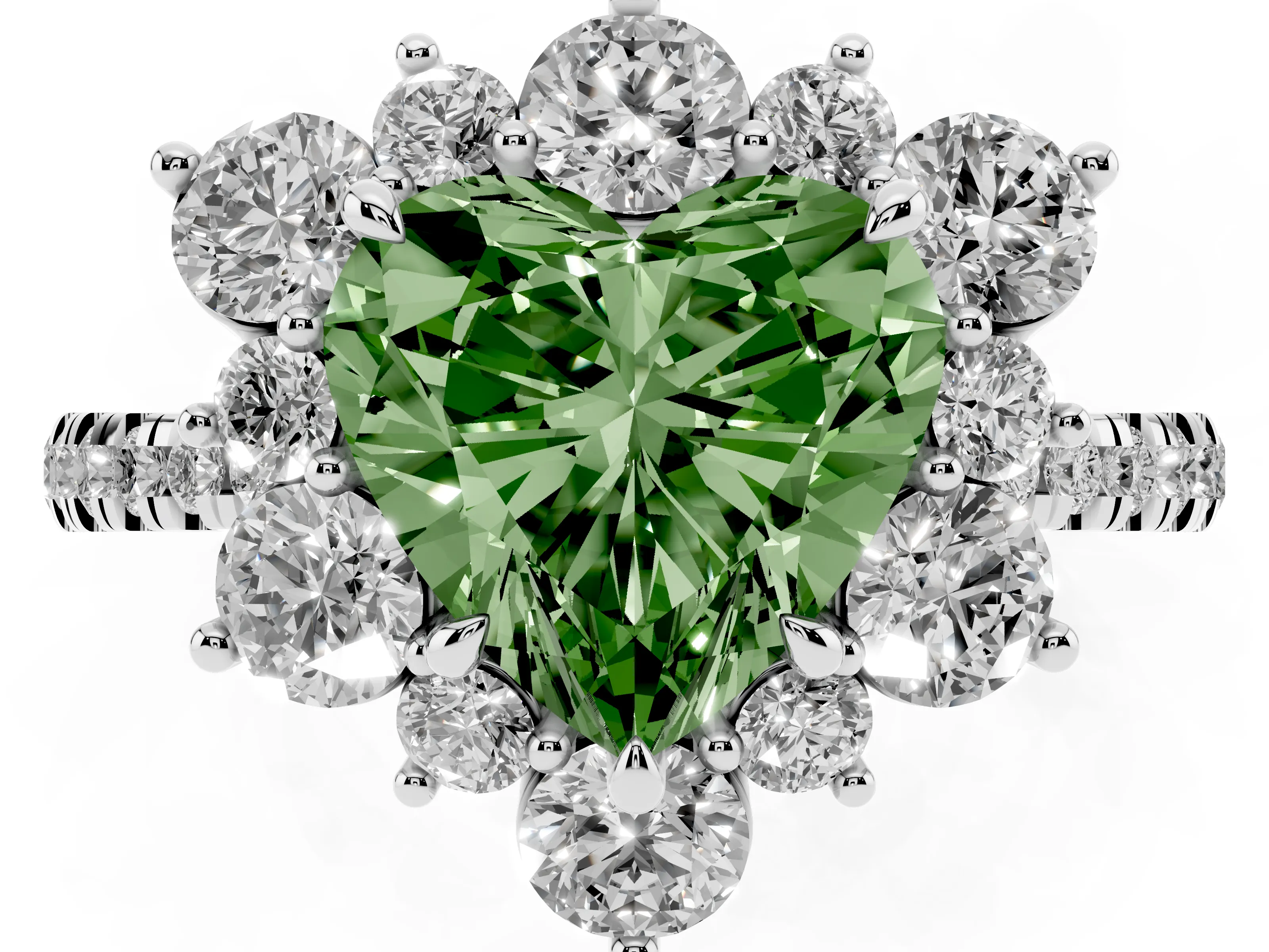 Fancy Green Heart Cut Diamond Floral Halo Ring Set in Silver with Round Pavé Band and Prong Setting