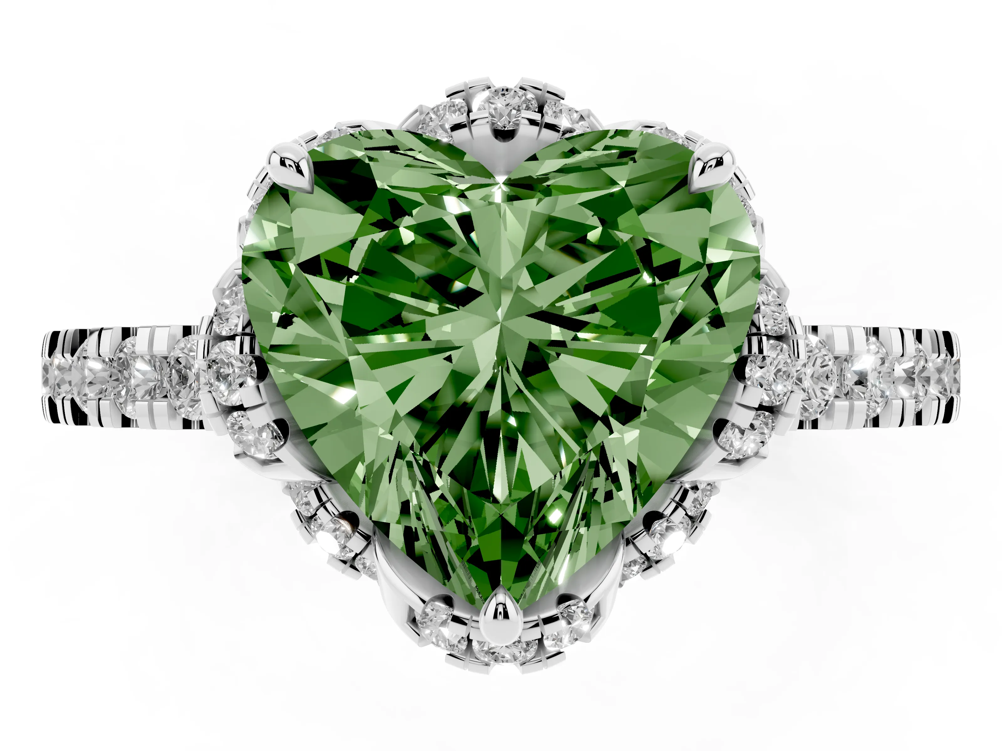 Fancy Green Heart Cut Diamond Halo Pavé Band Ring Set in White gold with Prong-Held Center