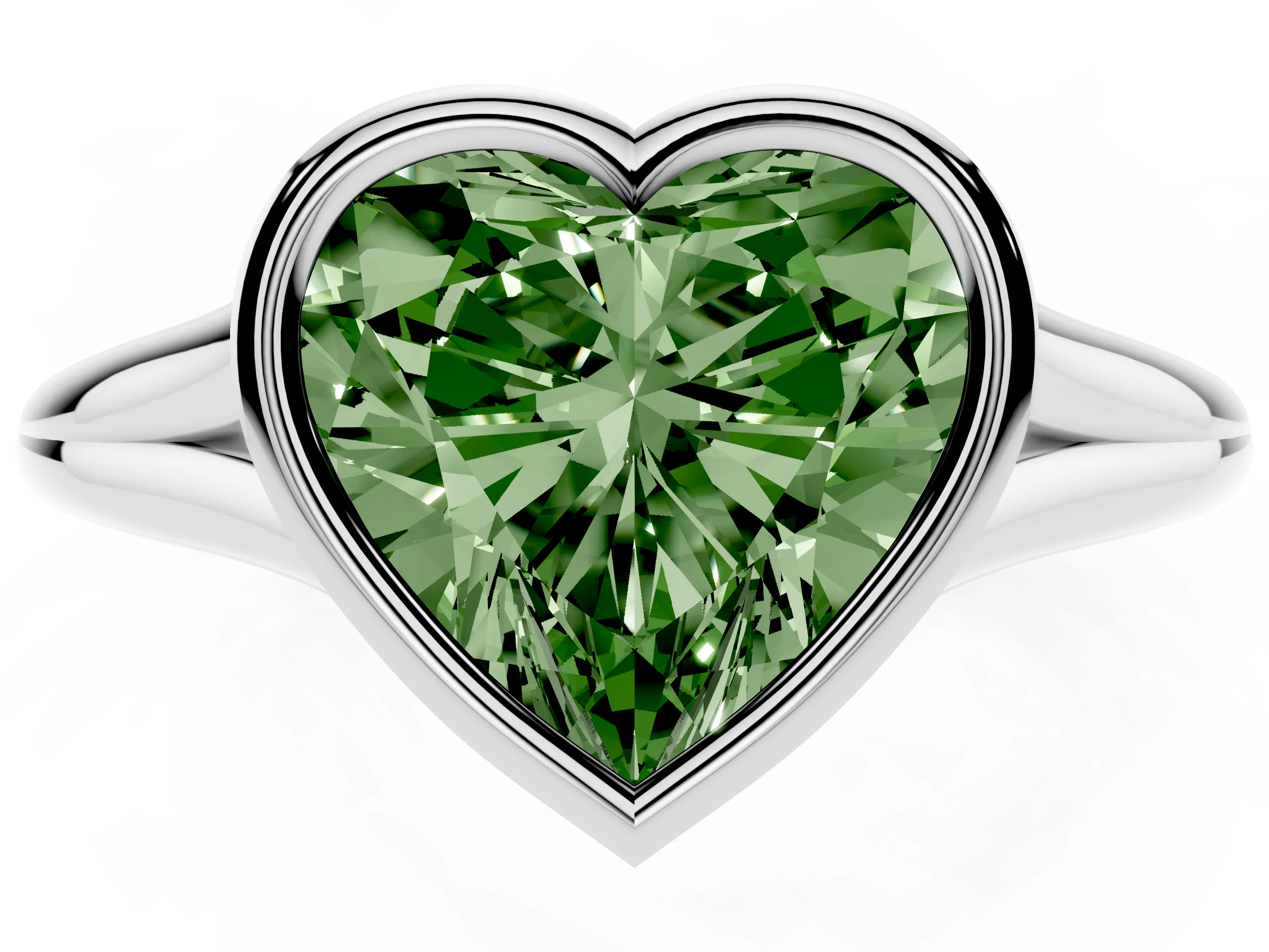 Fancy Green Bezel Set Heart Cut Diamond Solitaire Ring Set in Platinum with Tapered Band