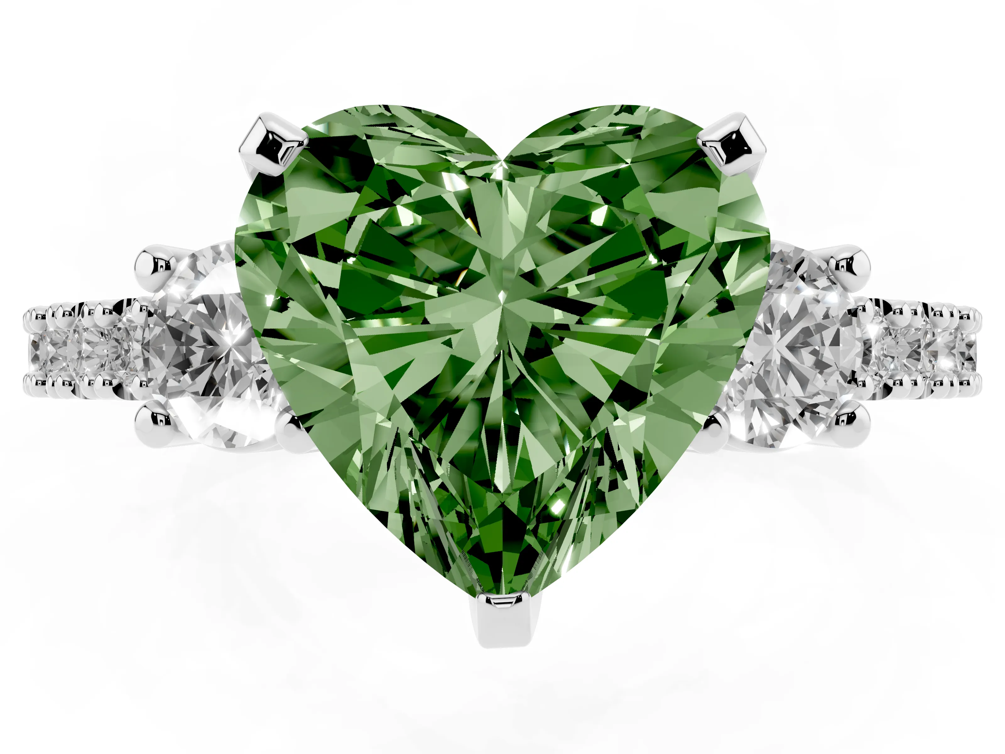 Fancy Green Three-Stone Heart Cut Diamond Pavé Band Ring Set in White gold with Prong Setting