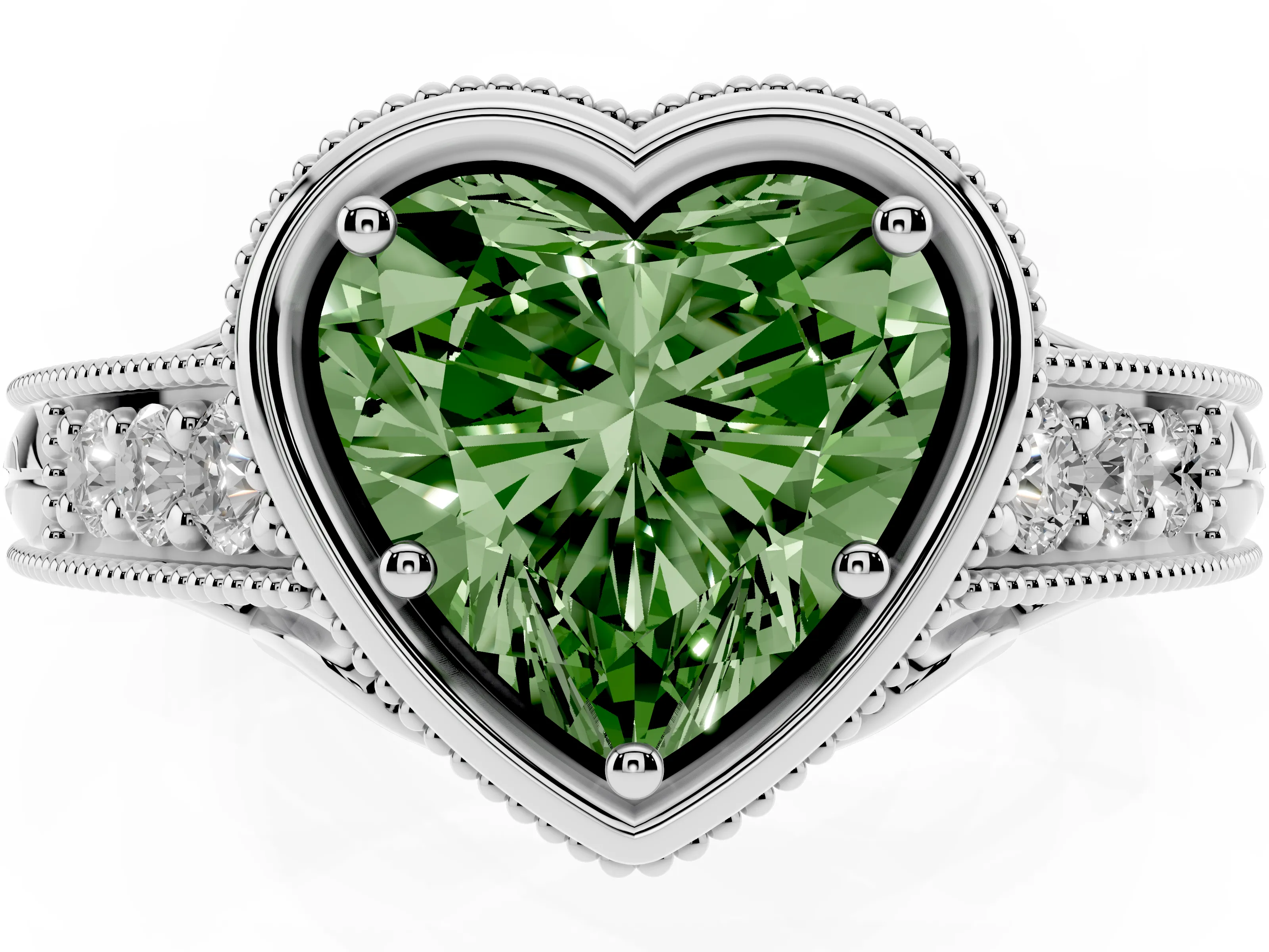 Fancy Green Bezel Set Heart Cut Diamond Milgrain Pavé Engagement Ring Set in Silver