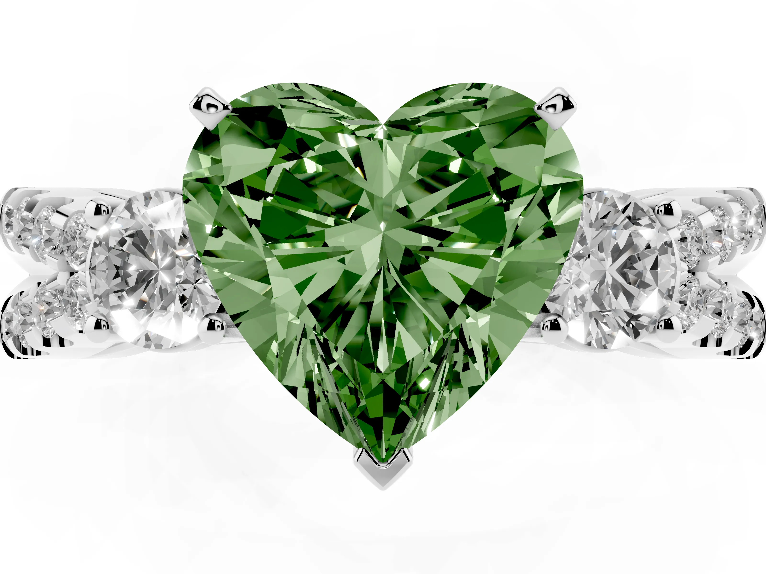 Fancy Green Heart Cut Diamond Three-Stone Ring Set in Platinum with Pavé Split Shank and Prong Setting