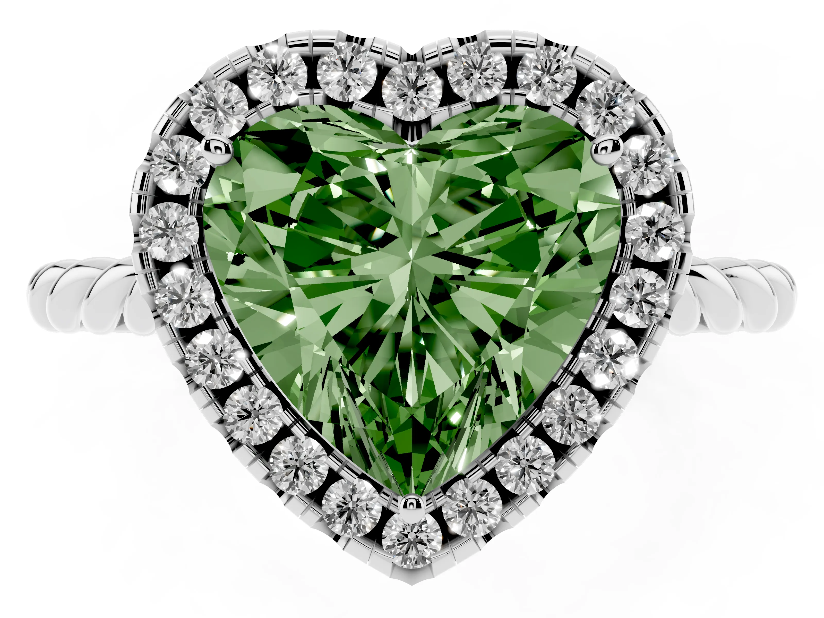 Fancy Green Heart Cut Diamond Halo Ring Set in Silver with Plain Twisted Band