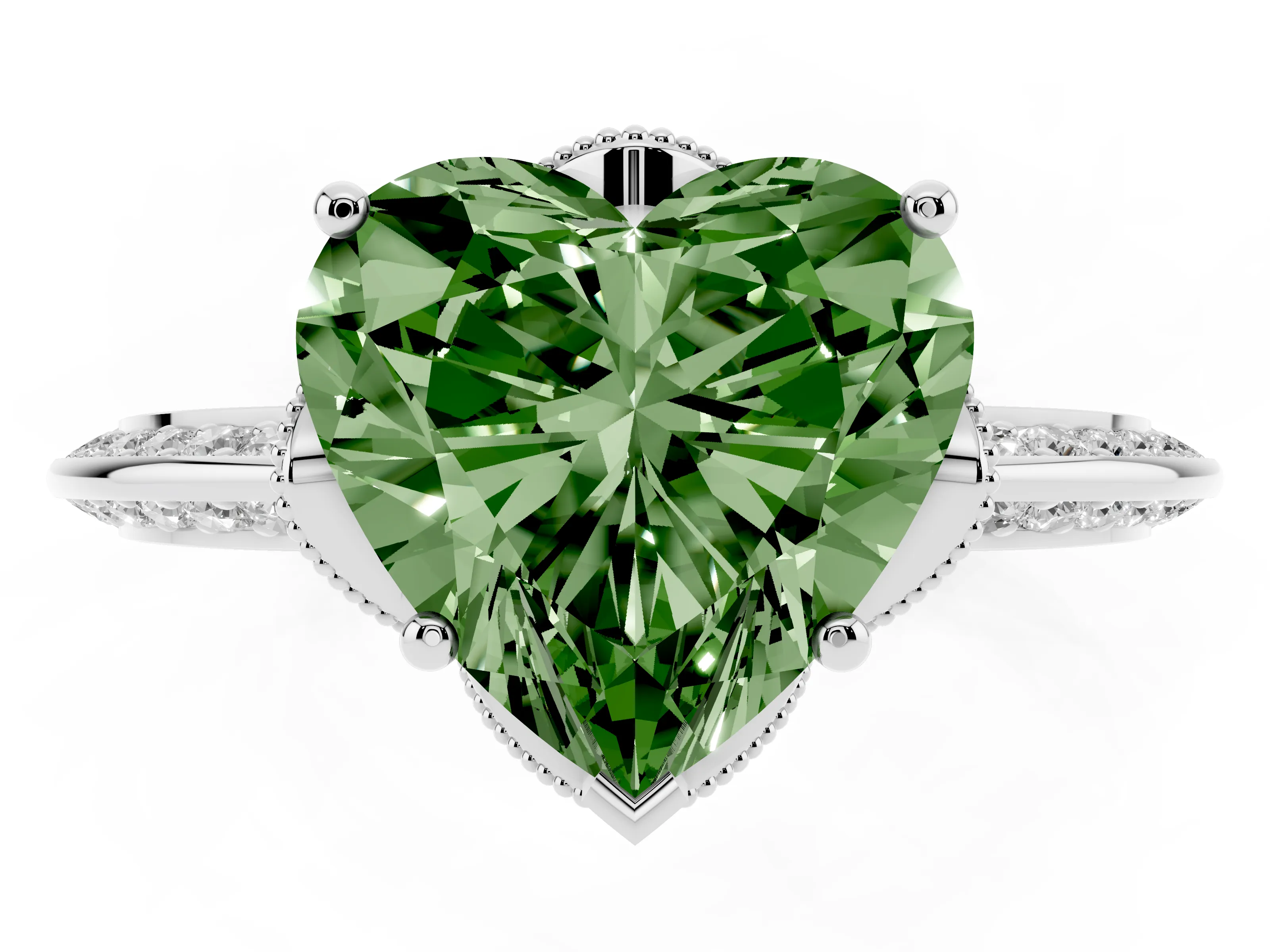 Fancy Green Heart Cut Diamond Solitaire Engagement Ring Set in White gold with Pavé Split Shank and Prong Setting